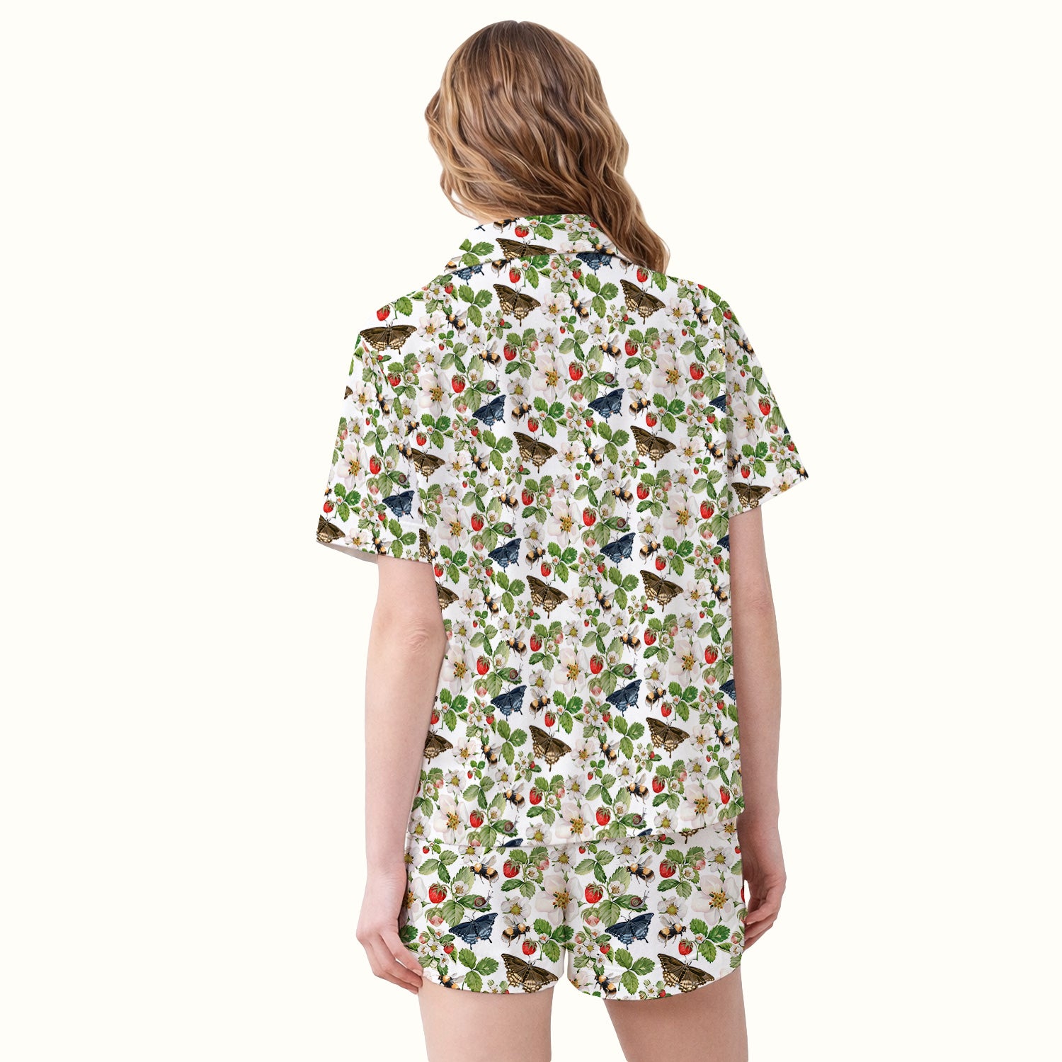 Charming Strawberry Butterfly Garden Pattern Pajama Set, Soft Breathable Fabric Comfortable Sleepwear