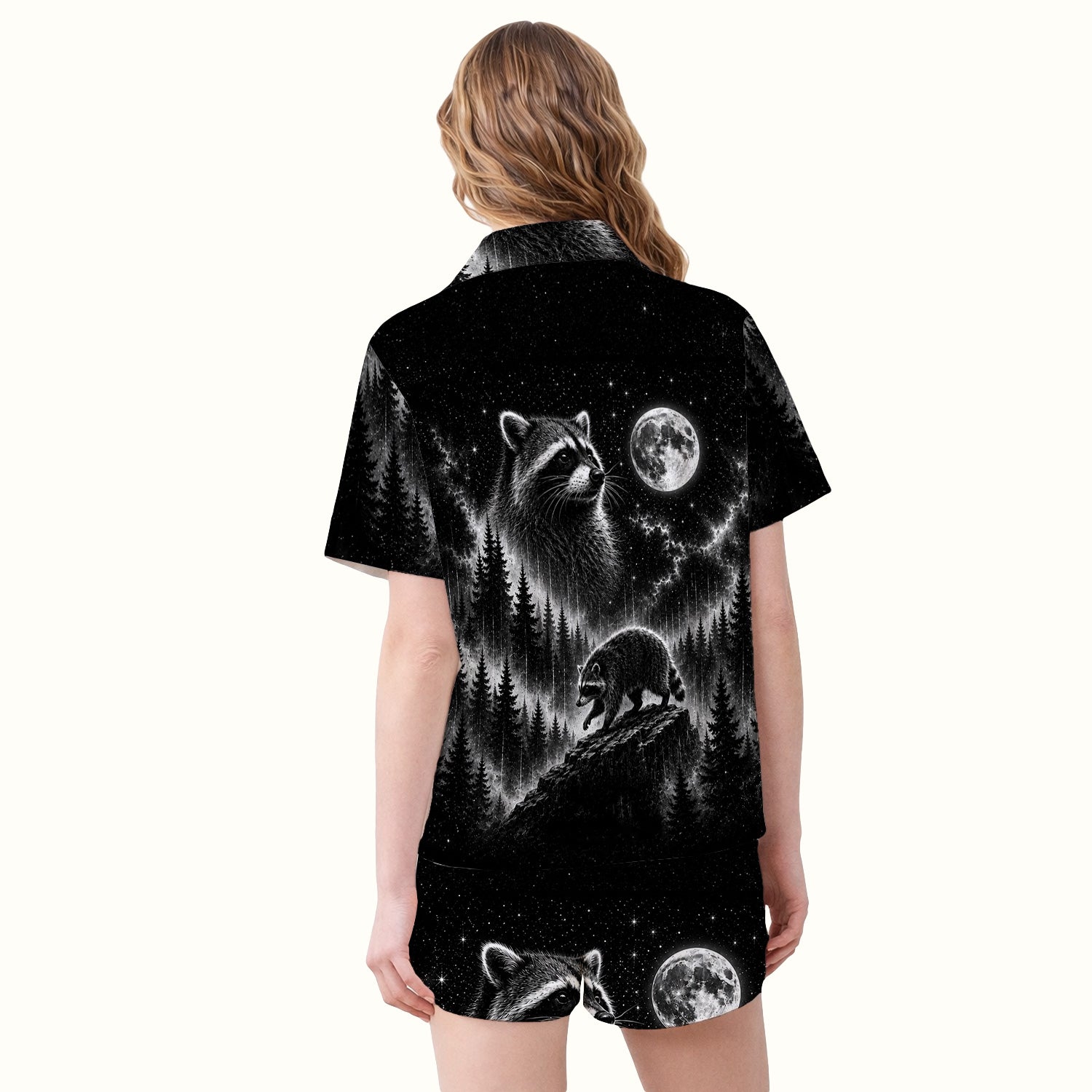 Moonlit Raccoon Forest Print Pajama Set, Soft Breathable Fabric Comfortable Sleepwear