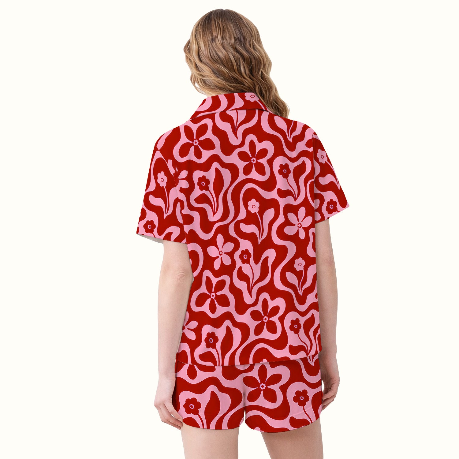 Retro Pink Floral Pattern, Groovy Medical Pajama Set, Soft Breathable Fabric Comfortable Sleepwear