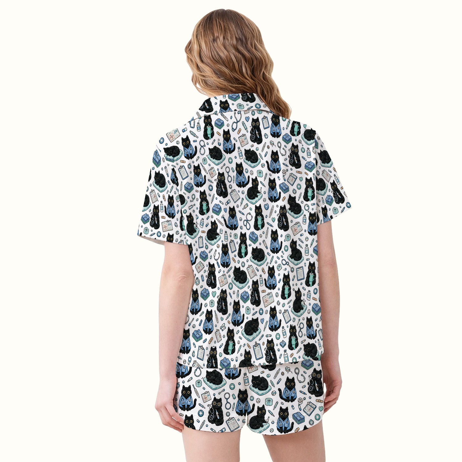 Black Cat Clinic Pajama Set, Soft Breathable Fabric Comfortable Sleepwear