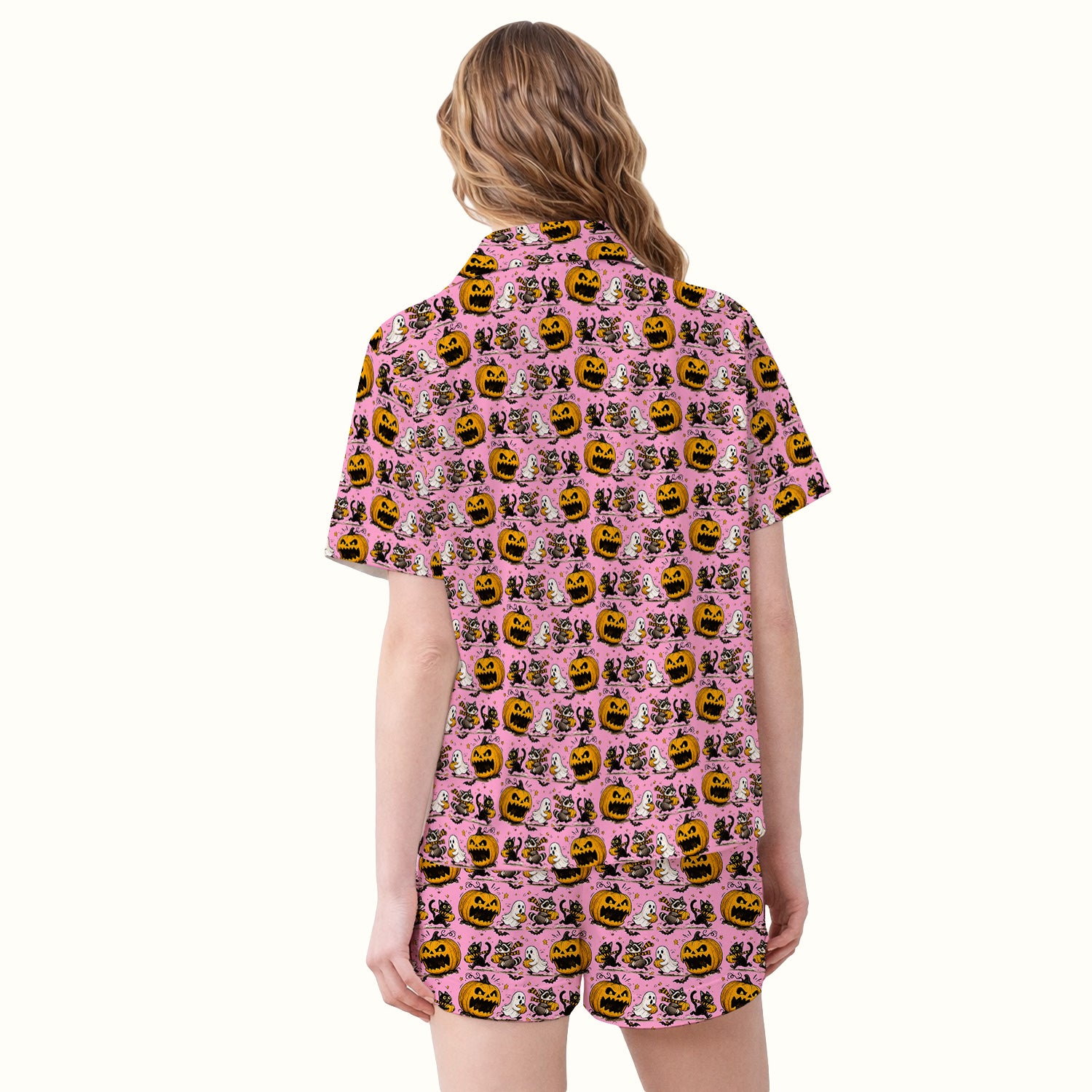 Spooky Halloween Woodland Critters Pattern Pajama Set, Soft Breathable Fabric Comfortable Sleepwear