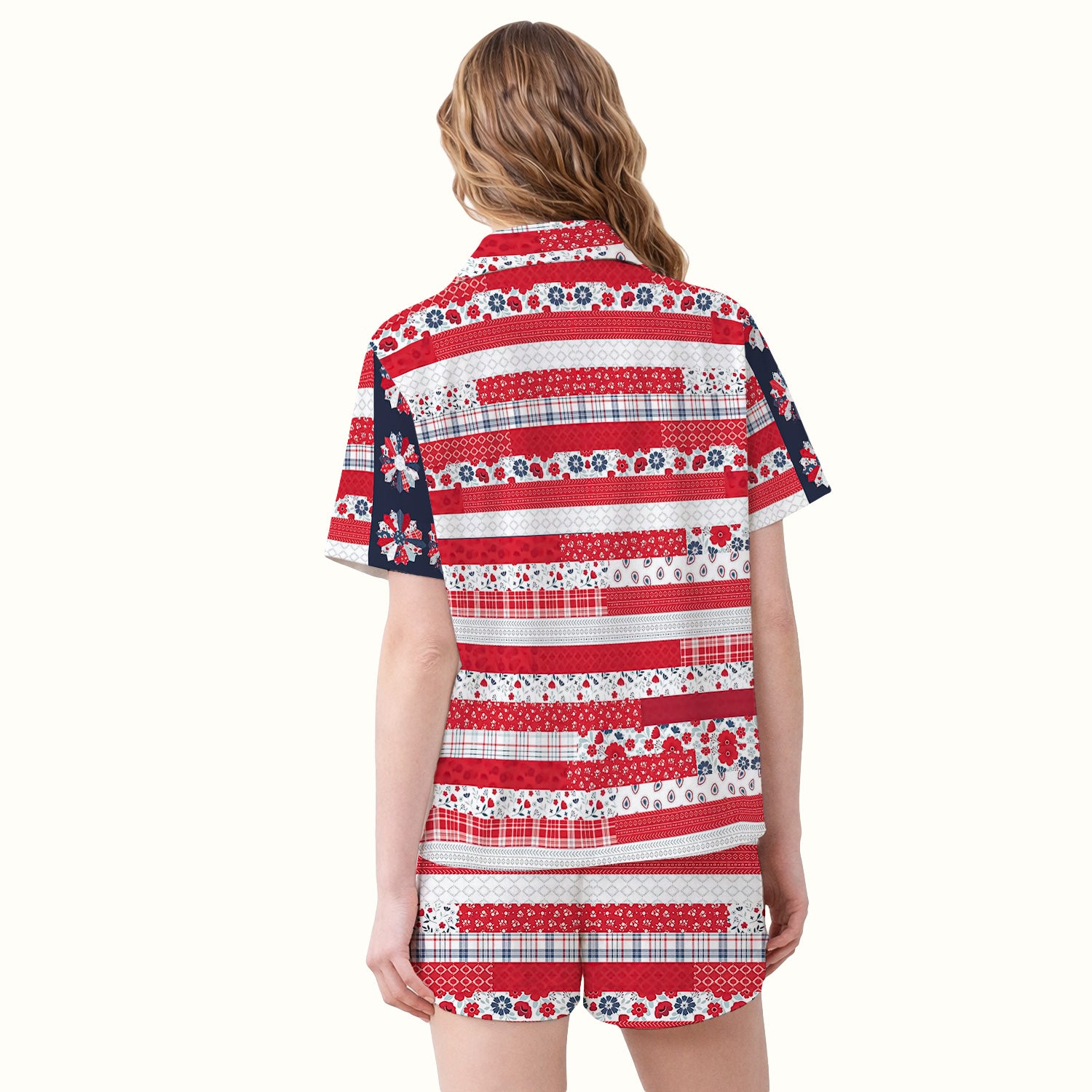 Patriotic Floral Flag Patchwork Pattern Pajama Set, Soft Breathable Fabric Comfortable Sleepwear