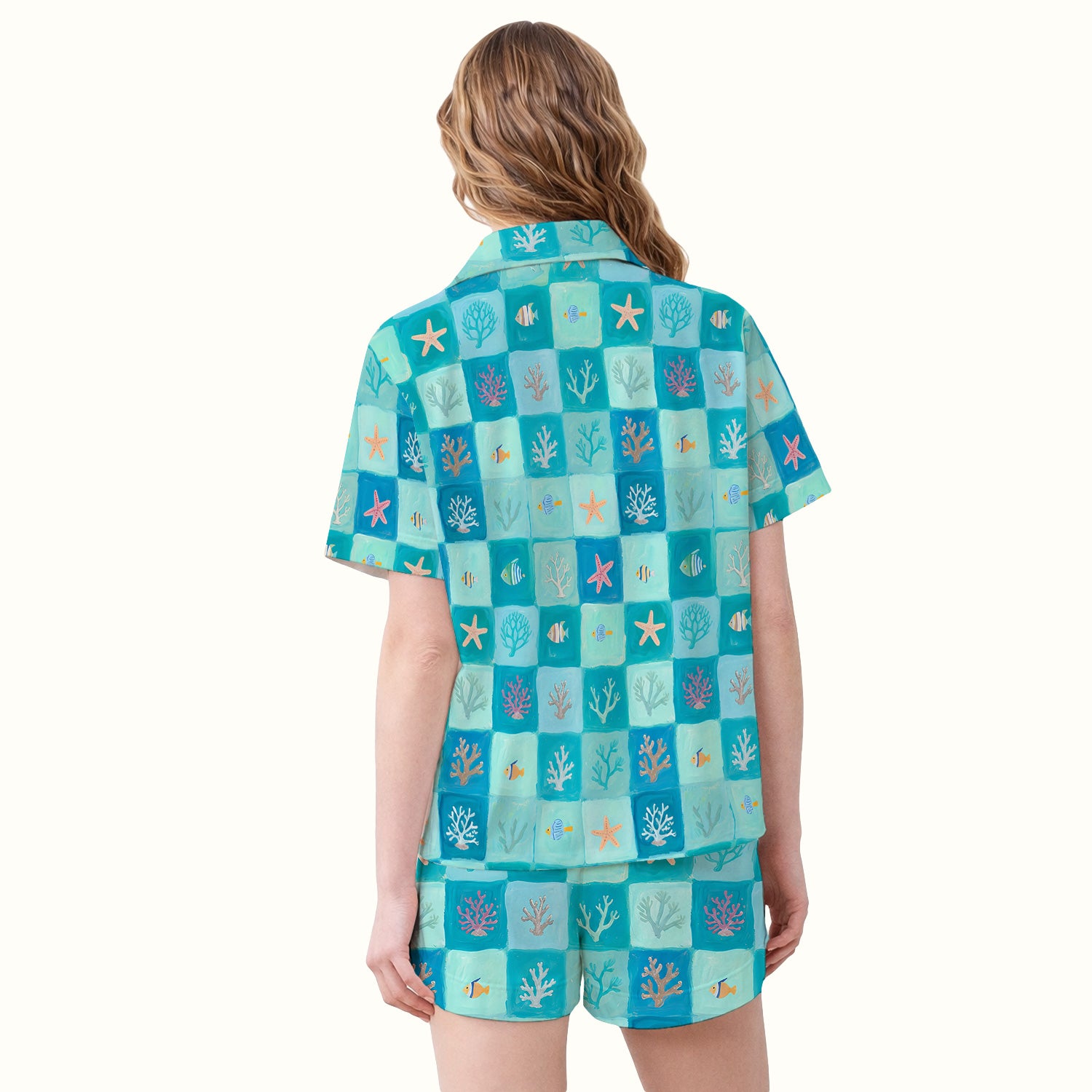 Ocean Coral Fish Starfish Checkered Pattern Pajama Set, Soft Breathable Fabric Comfortable Sleepwear