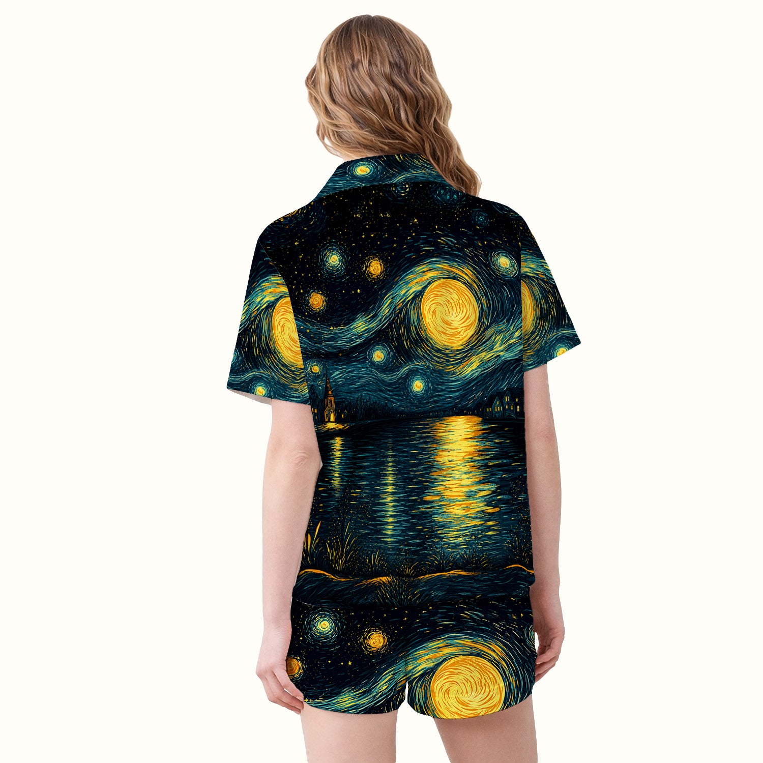 Starry Moonlit Black Cat Pajama Set, Soft Breathable Fabric Comfortable Sleepwear