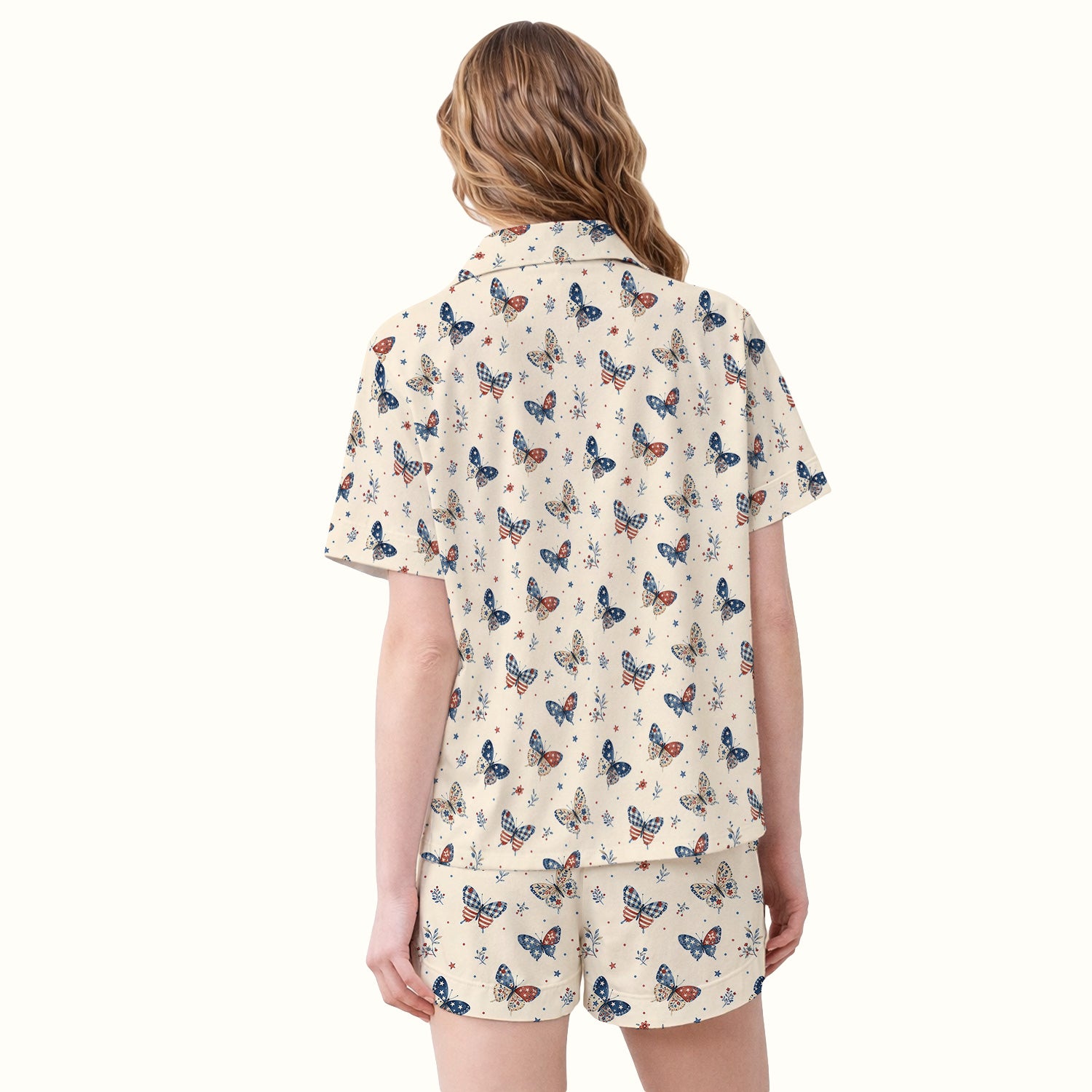 Fourth Of July Butterfly Print Pajama Set, Soft Breathable Fabric Comfortable Sleepwear