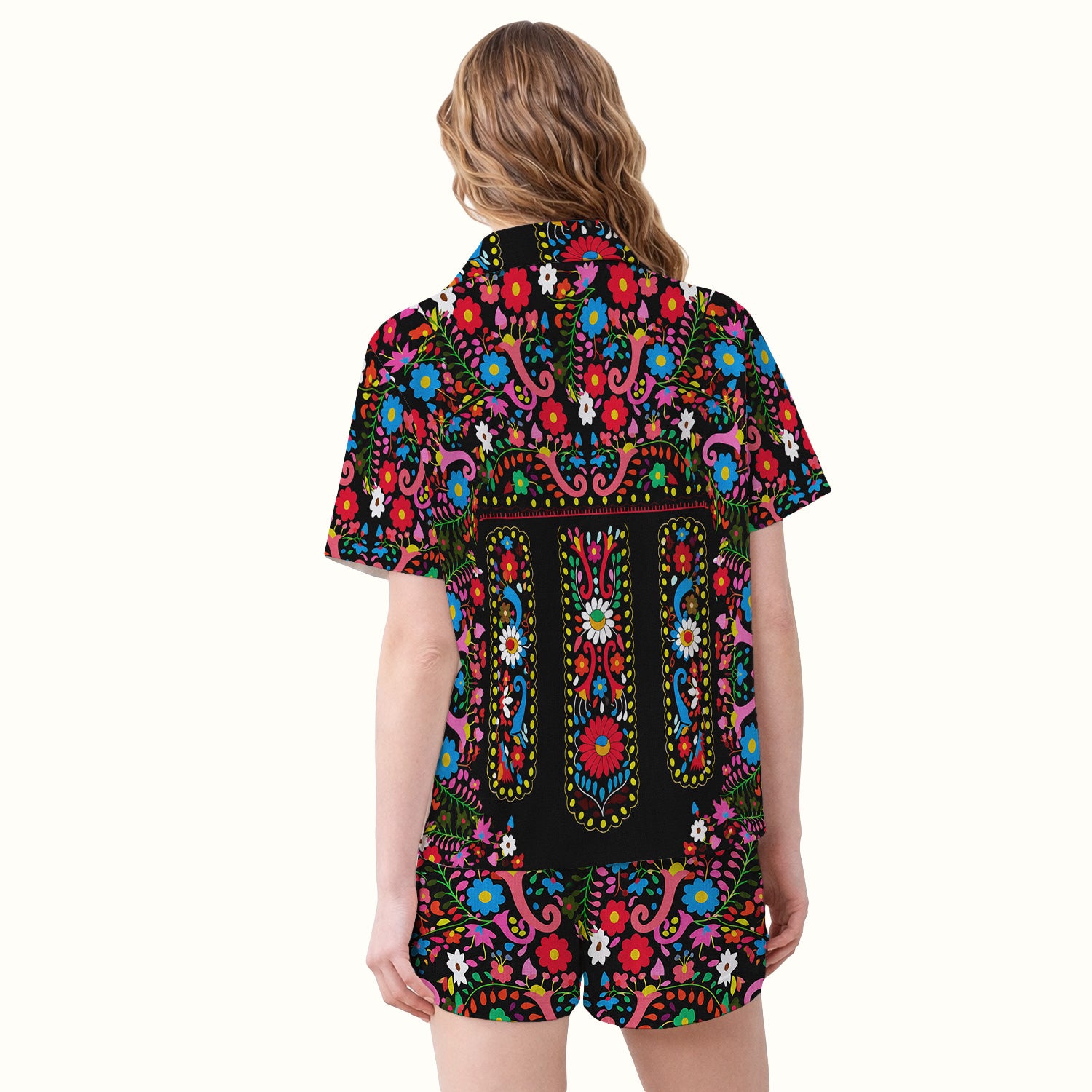 Colorful Folk Art Floral Pattern Pajama Set, Soft Breathable Fabric Comfortable Sleepwear