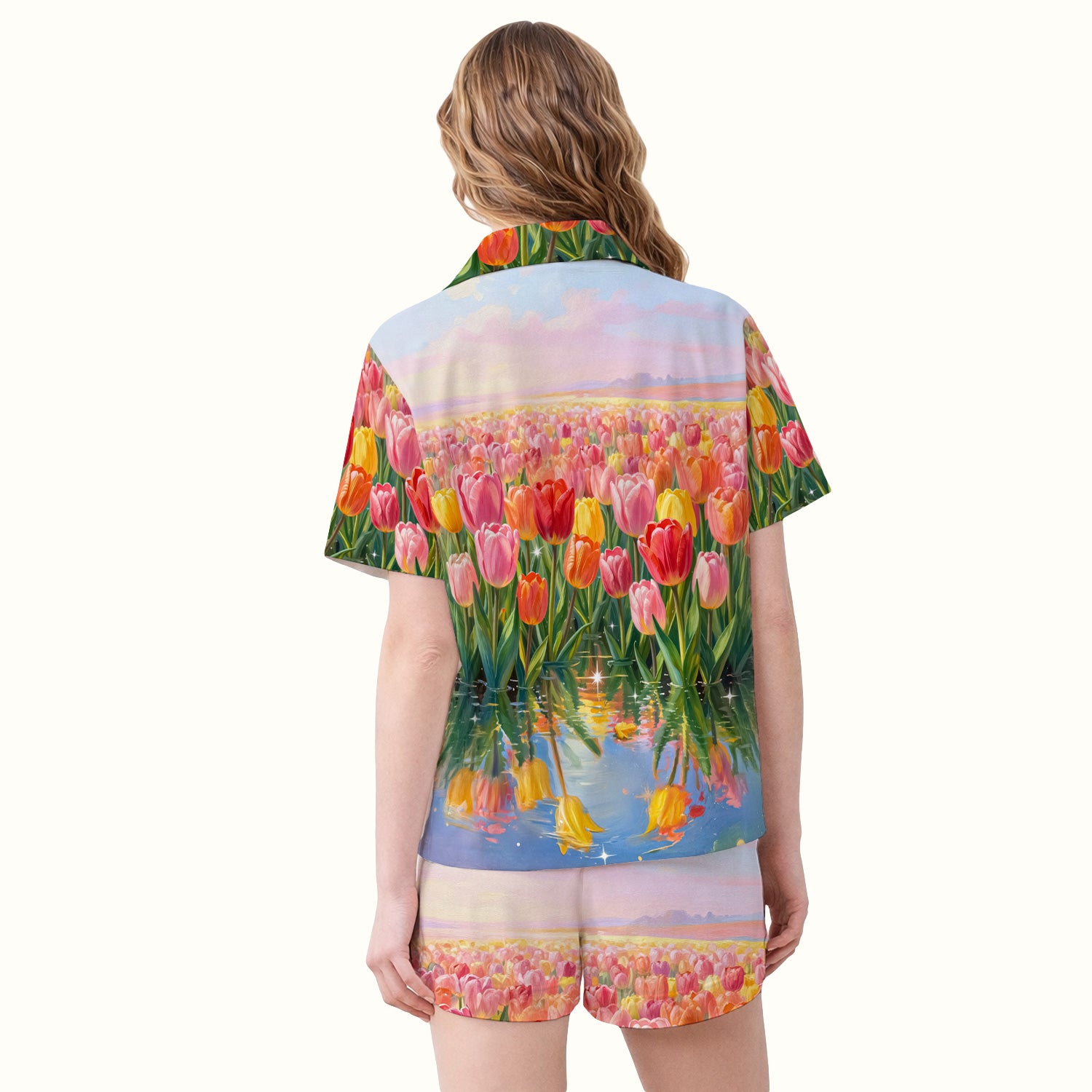 Sleeping Black Cat In Tulip Flower Field Pajama Set, Soft Breathable Fabric Comfortable Sleepwear