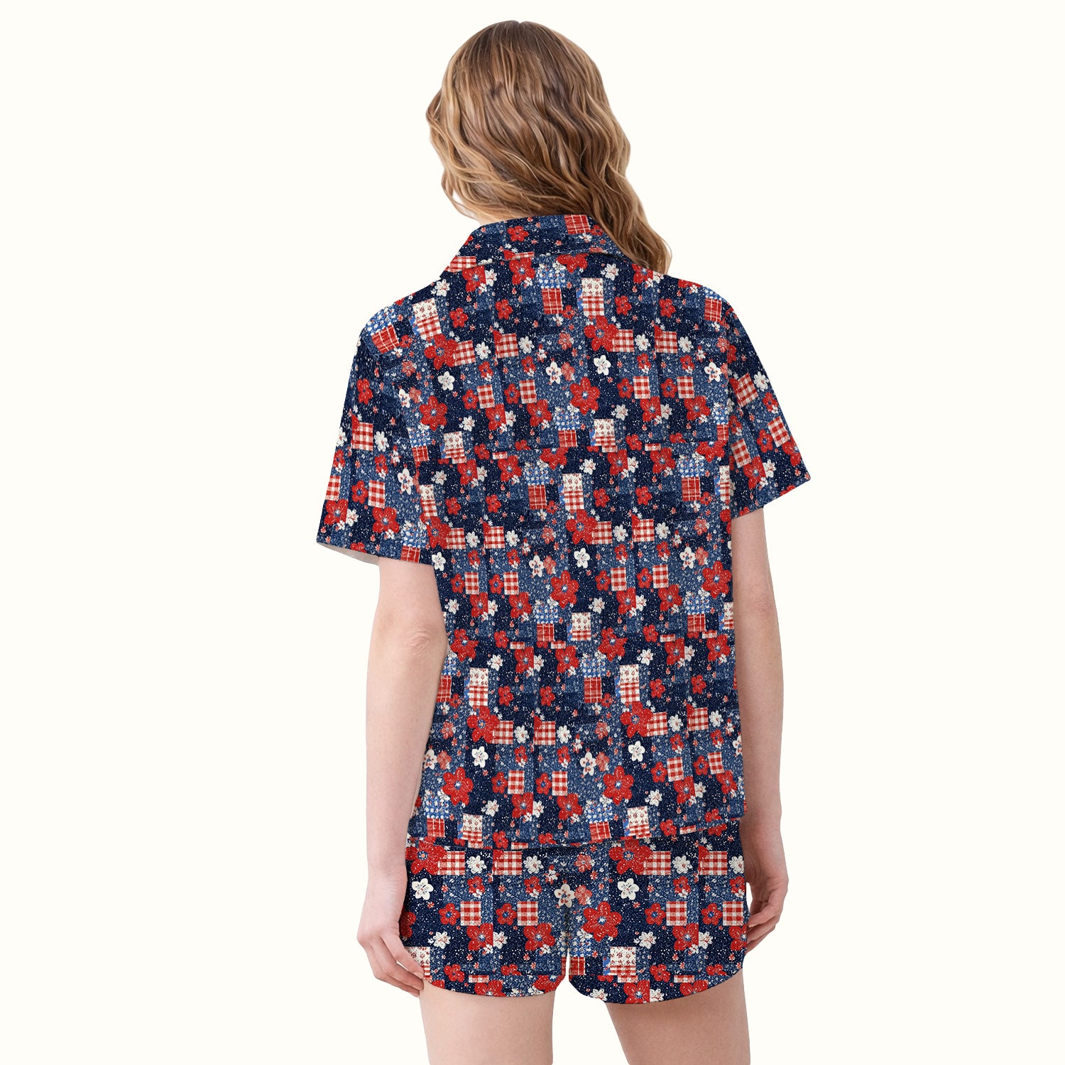 Patriotic Gingham Floral Patchwork Pattern Pajama Set, Soft Breathable Fabric Comfortable Sleepwear