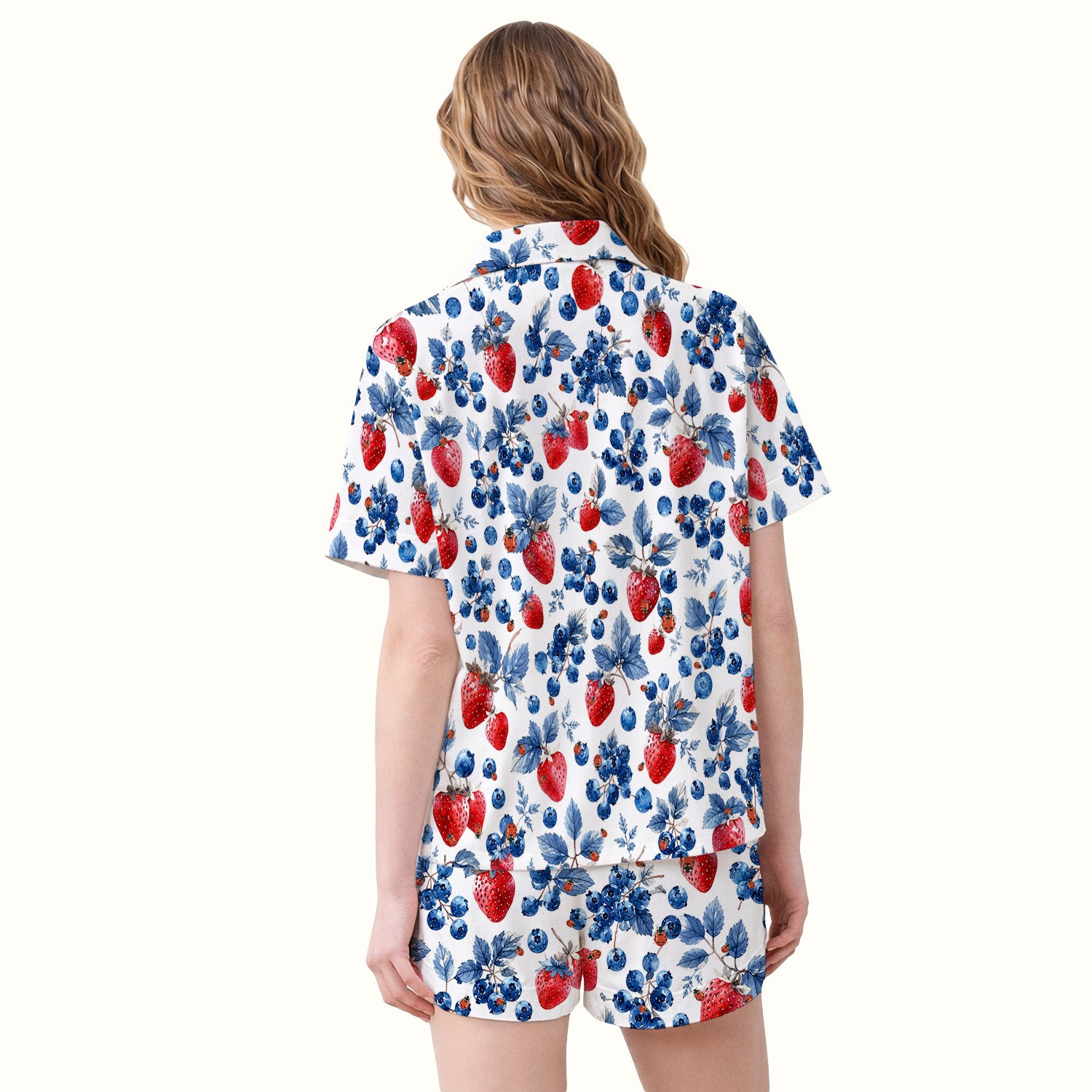 Cute Strawberry Blueberry Ladybug Pattern Pajama Set, Soft Breathable Fabric Comfortable Sleepwear