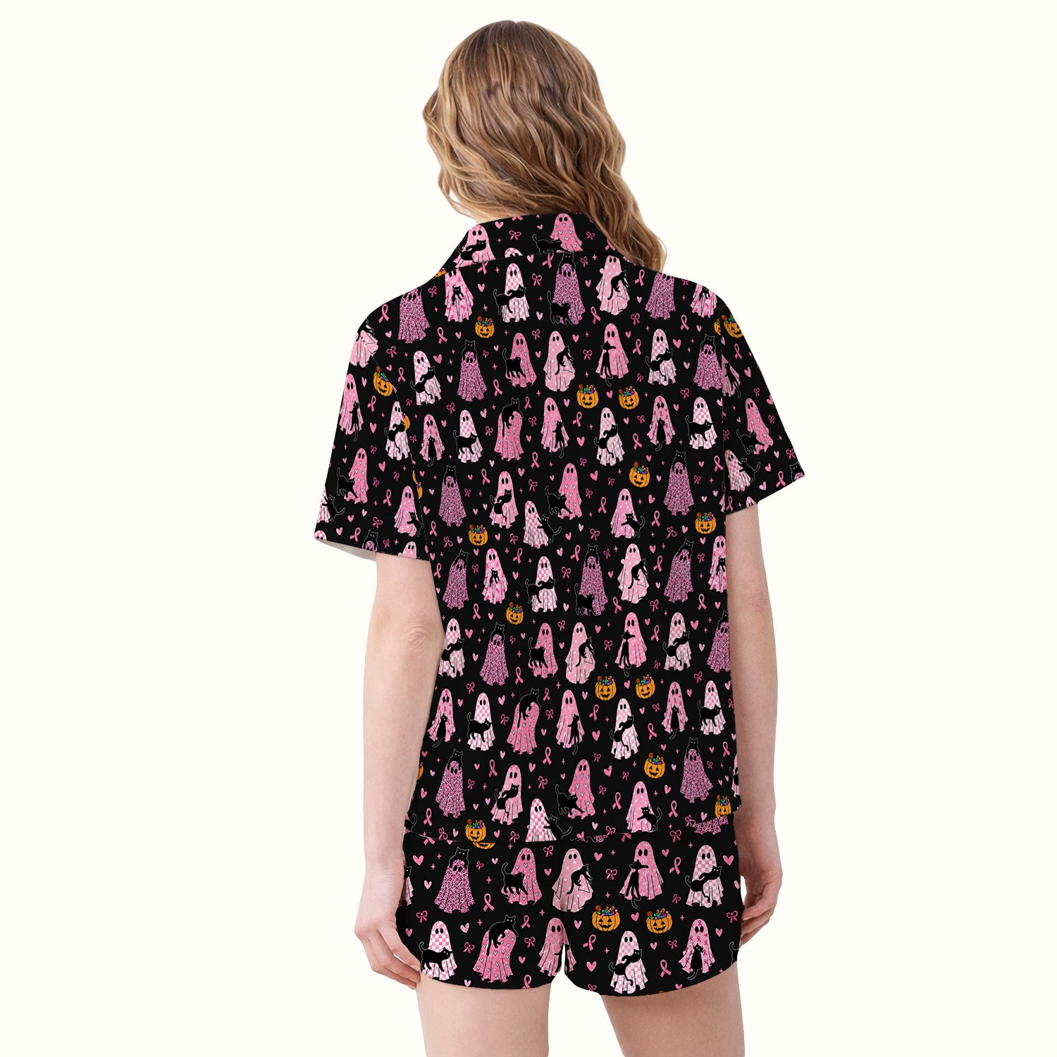 Breast Cancer Awareness Ghost Cat Pajama Set, Soft Breathable Fabric Comfortable Sleepwear