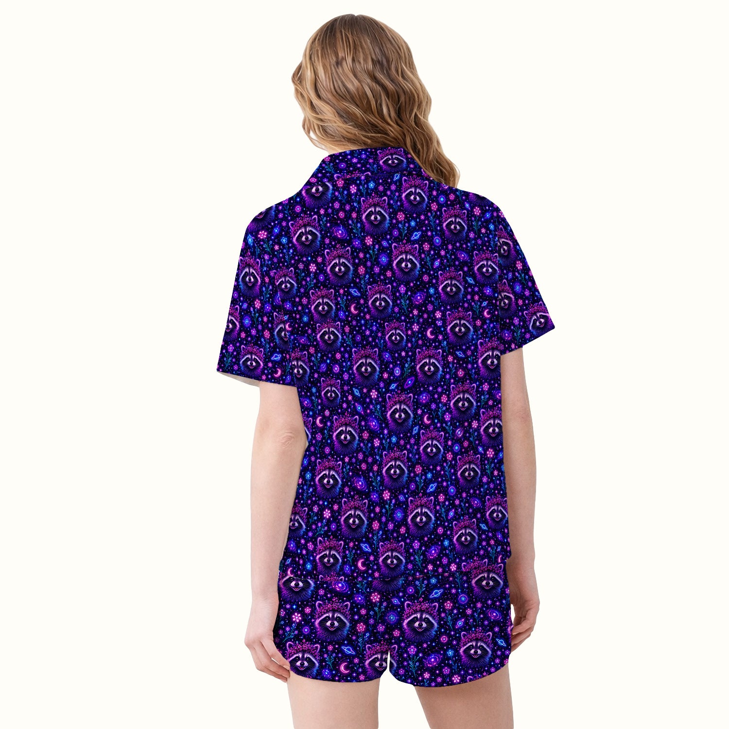 Galaxy Raccoon Nurse Pattern Pajama Set, Soft Breathable Fabric Comfortable Sleepwear