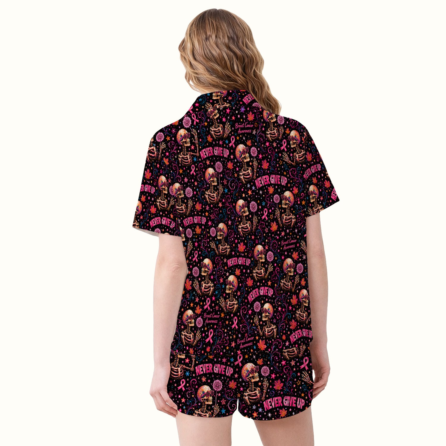 Breast Cancer Awareness Skeletons Pattern Pajama Set, Soft Breathable Fabric Comfortable Sleepwear