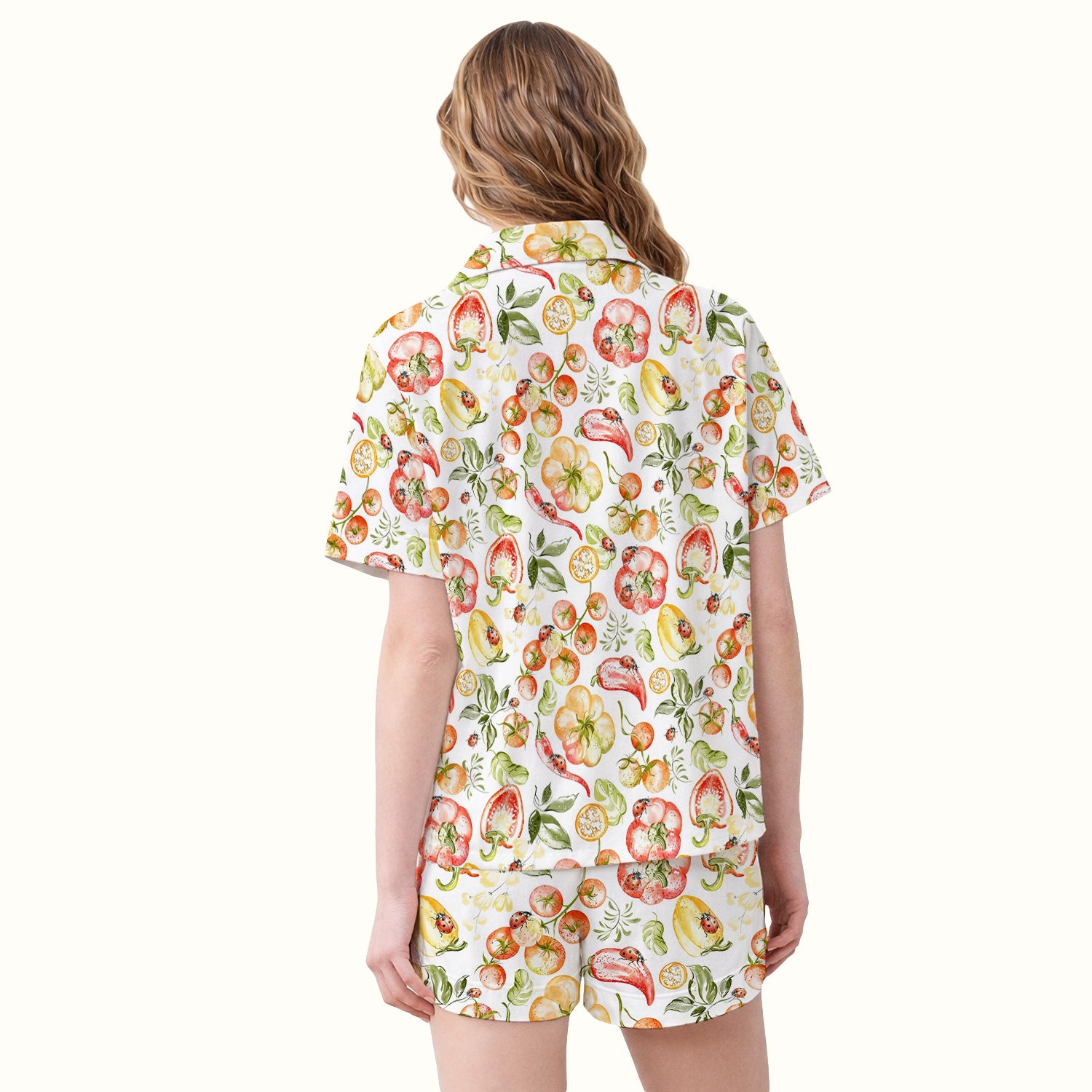 Cute Watercolor Veggie Ladybug Pattern Pajama Set, Soft Breathable Fabric Comfortable Sleepwear