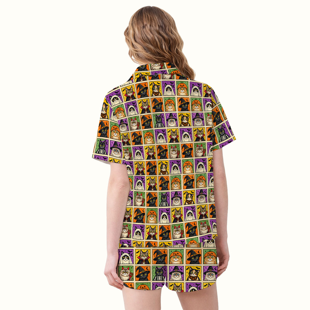 Halloween Cat Costume Patchwork Pajama Set, Soft Breathable Fabric Comfortable Sleepwear