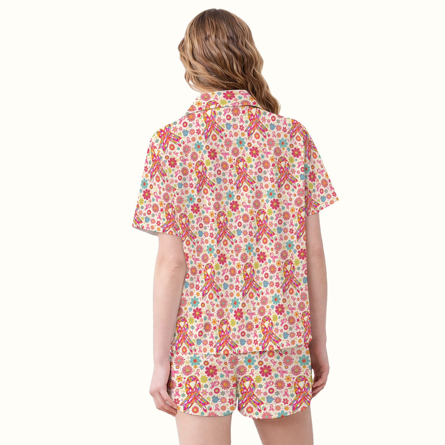 Colorful Pink Ribbon Floral Pajama Set, Soft Breathable Fabric Comfortable Sleepwear