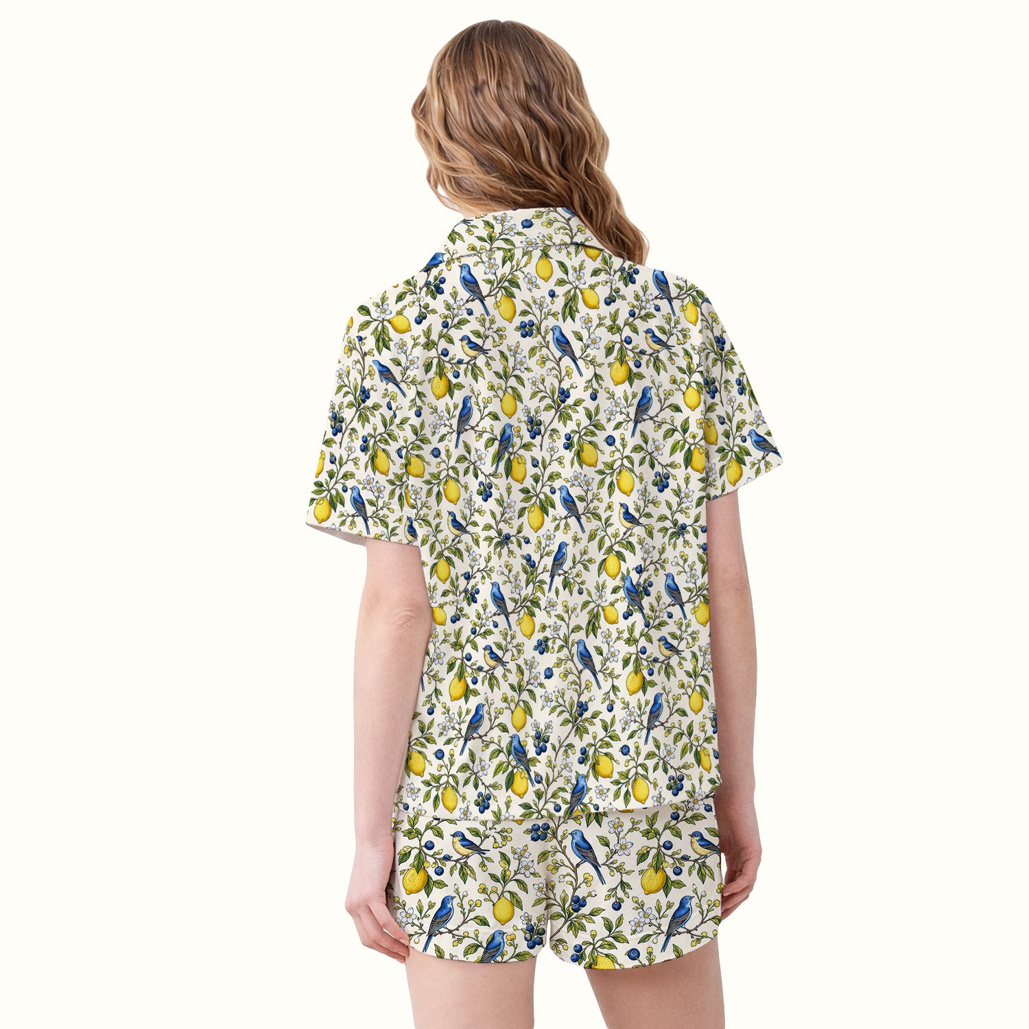 Bluebird Lemon Blossom Pattern Pajama Set, Soft Breathable Fabric Comfortable Sleepwear