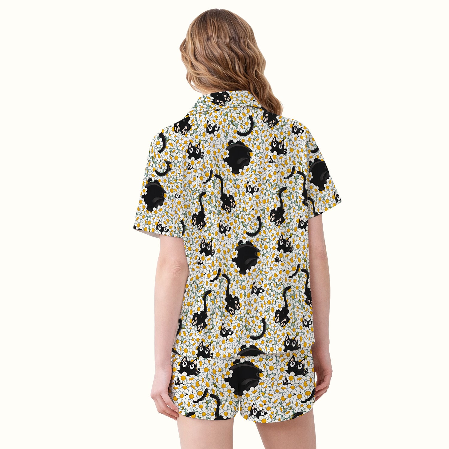 Daisy Black Cat Nurse Pattern Pajama Set, Soft Breathable Fabric Comfortable Sleepwear