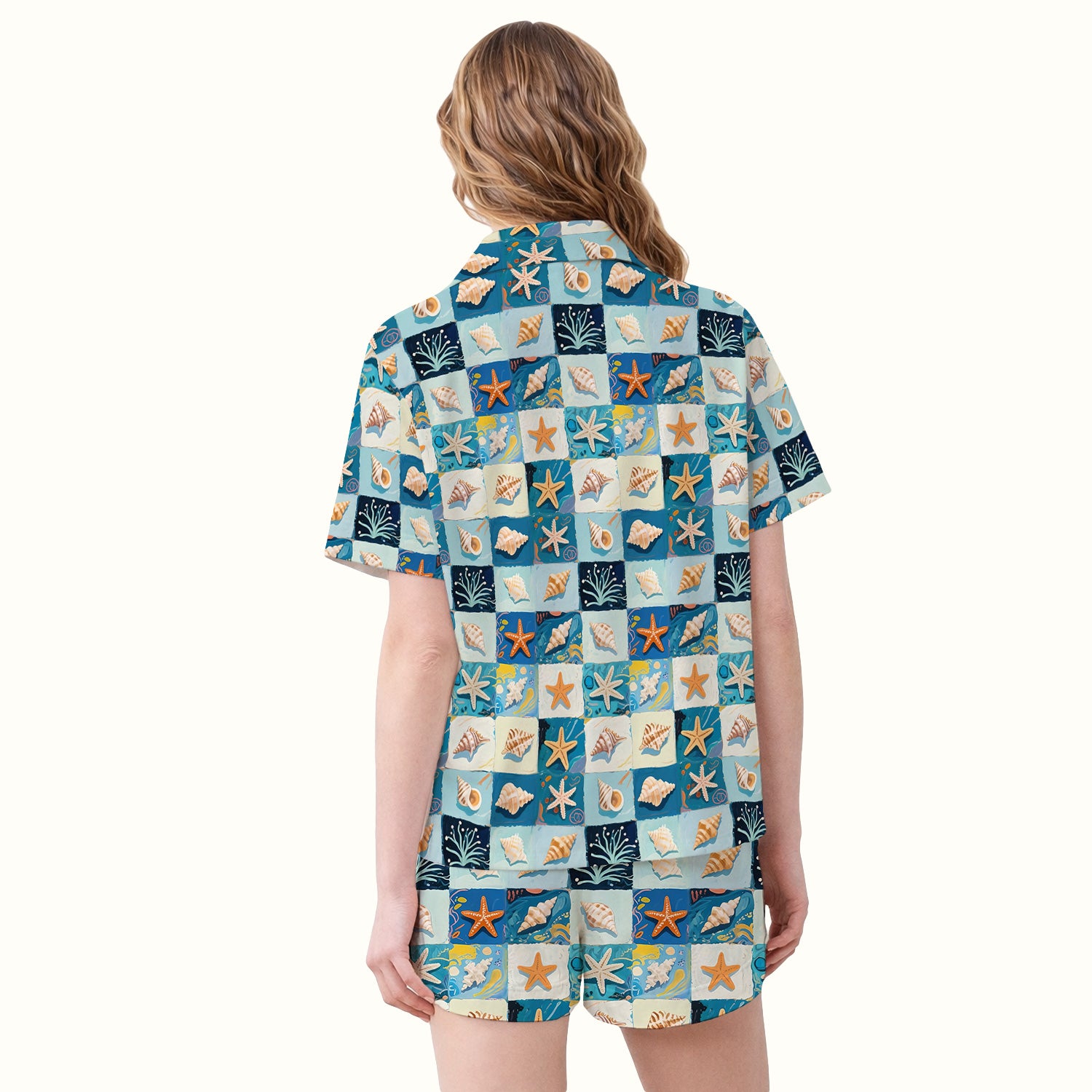 Cute Seashell Starfish Ocean Tile Pattern Pajama Set, Soft Breathable Fabric Comfortable Sleepwear