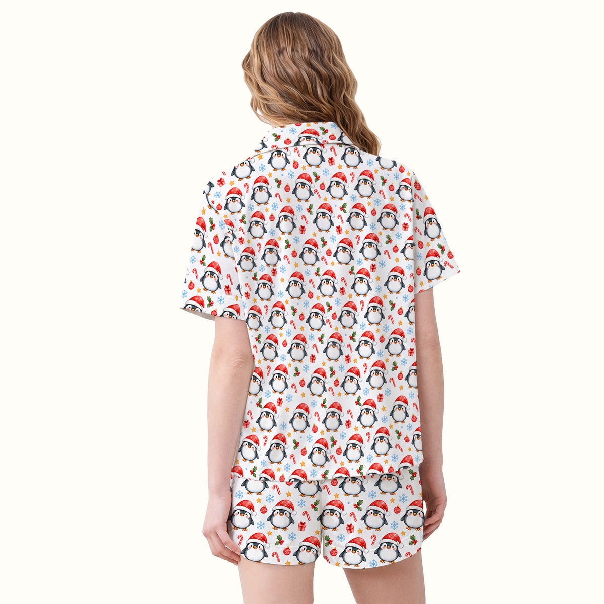 Christmas Penguins In Santa Hats Pajama Set, Soft Breathable Fabric Comfortable Sleepwear
