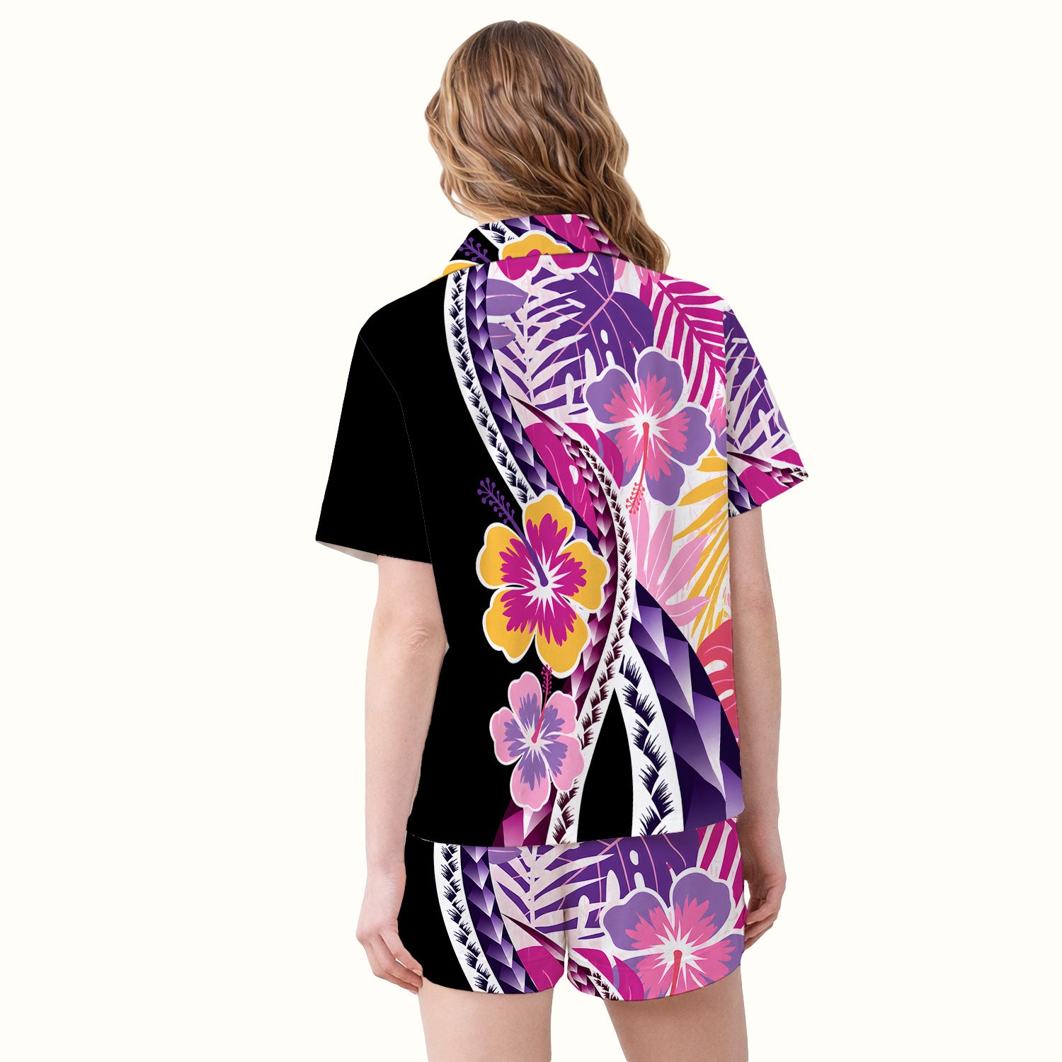 Nurse Tropical Hibiscus Leaf Pattern Pajama Set, Soft Breathable Fabric Comfortable Sleepwear