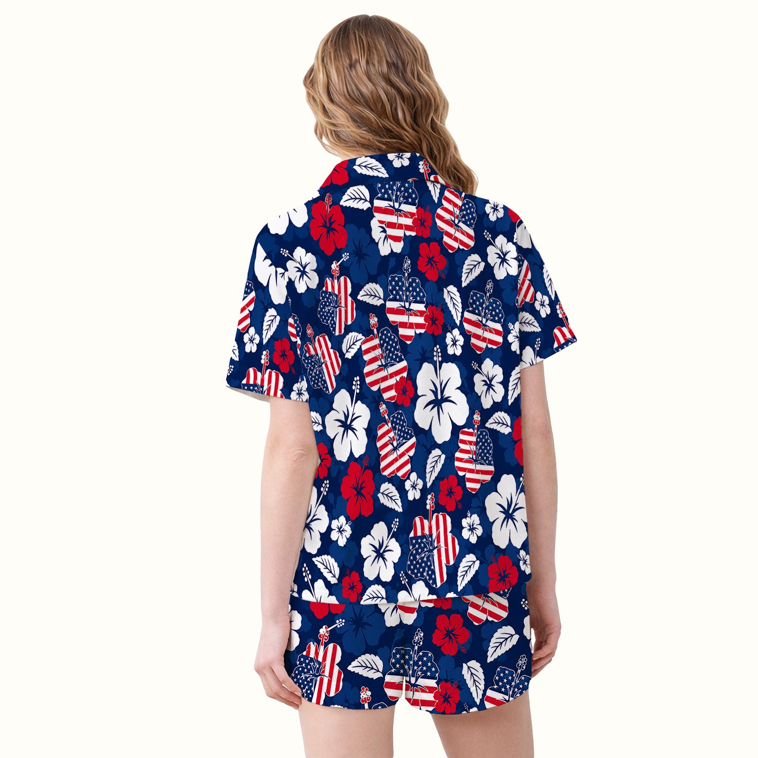 Patriotic Hibiscus Flag Floral Print Pajama Set, Soft Breathable Fabric Comfortable Sleepwear
