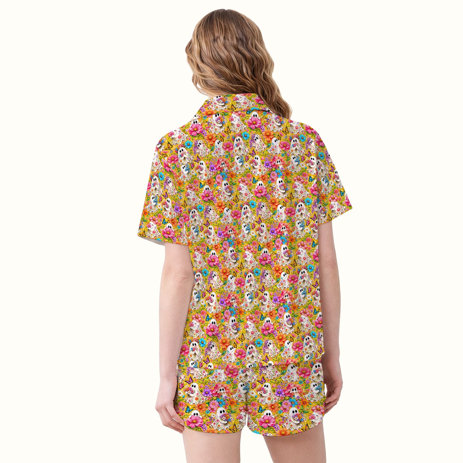 Cute Floral Ghosts And Butterflies Pajama Set, Soft Breathable Fabric Comfortable Sleepwear