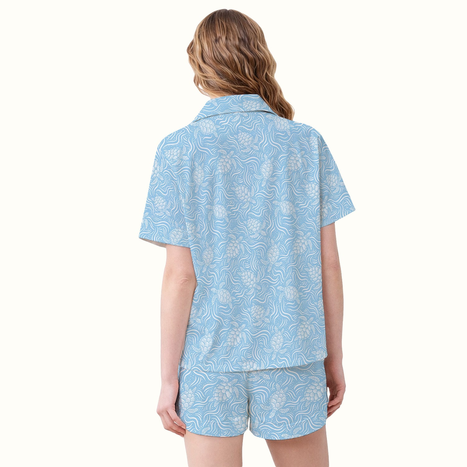 Cute Ocean Sea Turtle Waves Pattern Pajama Set, Soft Breathable Fabric Comfortable Sleepwear