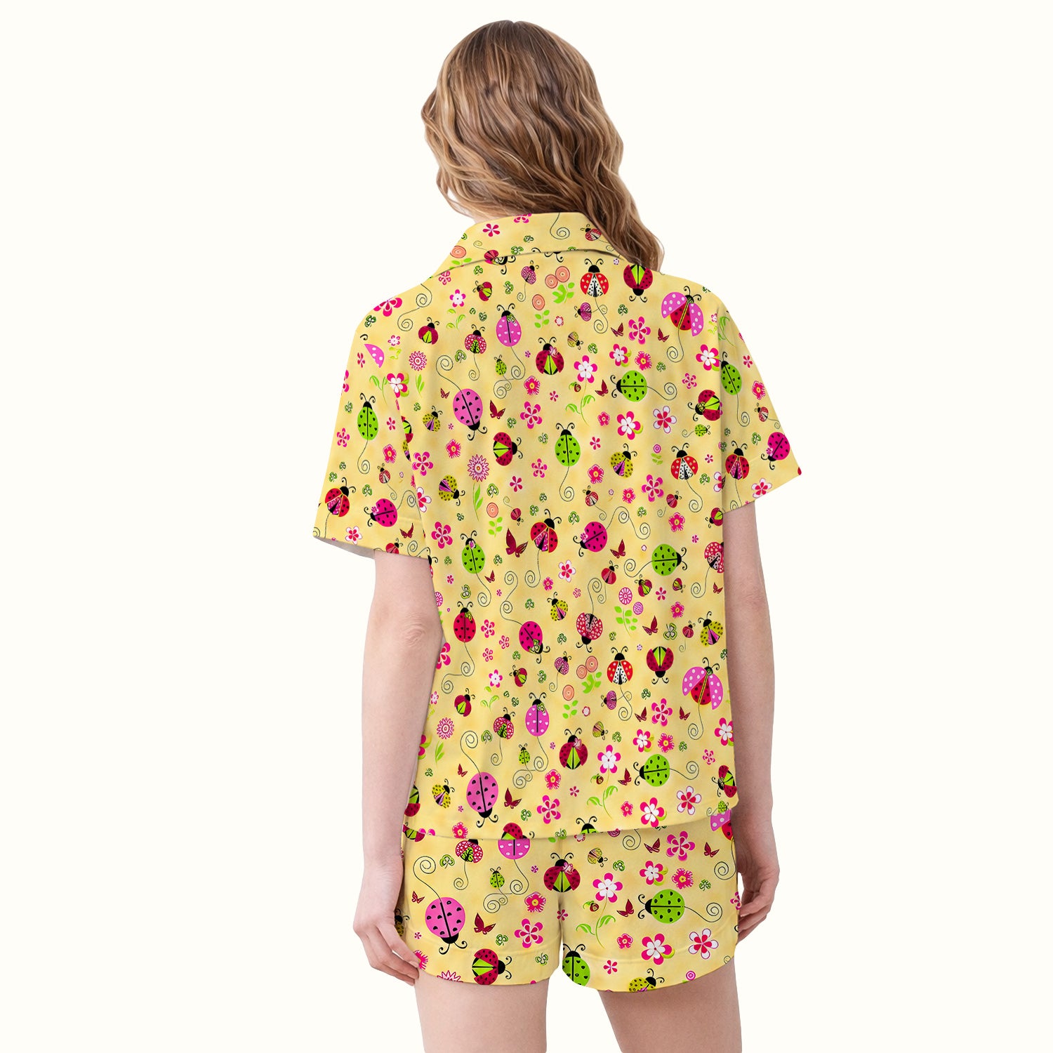 Yellow Ladybug Floral Garden Pattern Pajama Set, Soft Breathable Fabric Comfortable Sleepwear
