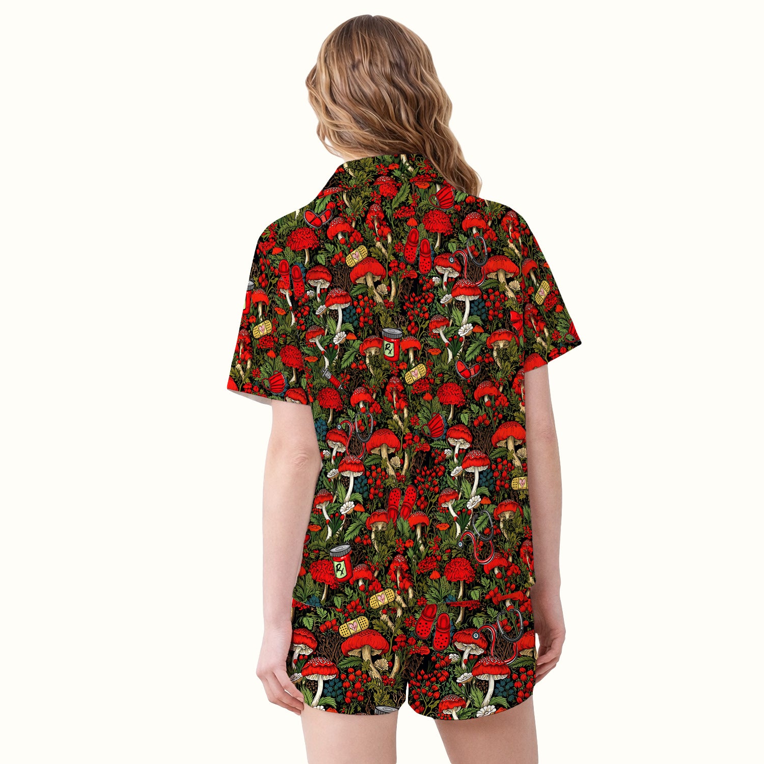 Red Mushroom Medical Forest Pattern Pajama Set, Soft Breathable Fabric Comfortable Sleepwear