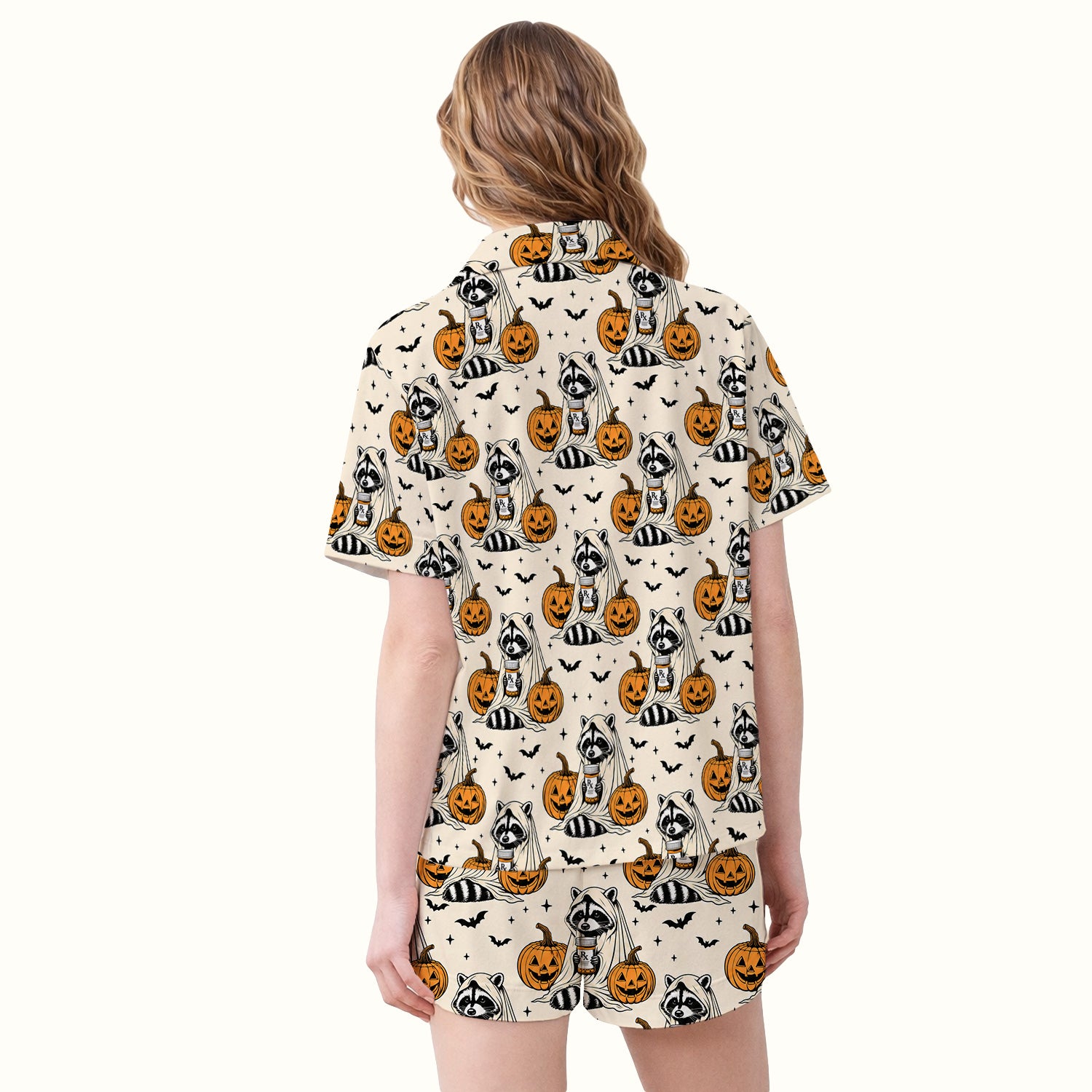 Halloween Raccoon with Pumpkin Bat Print Pajama Set, Soft Breathable Fabric Comfortable Sleepwear
