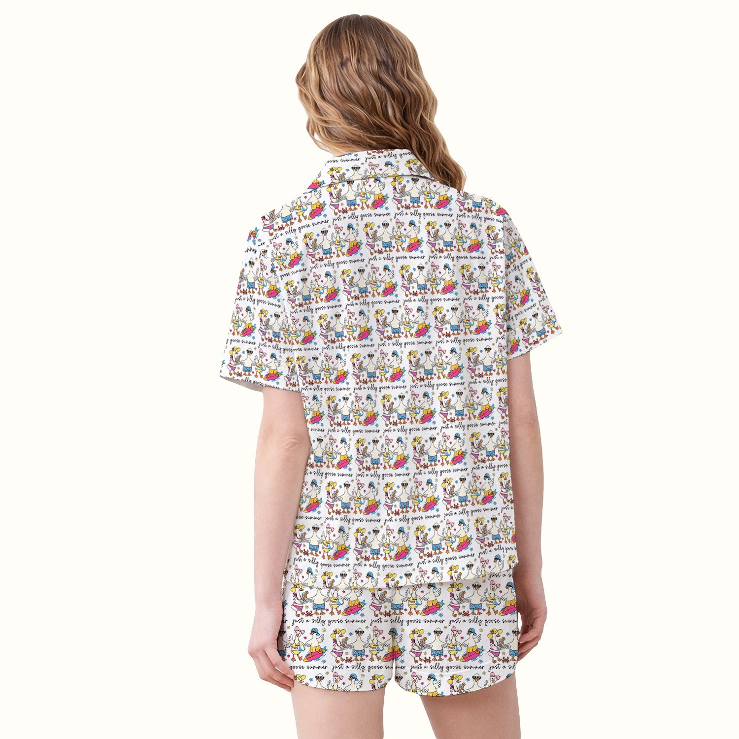 Funny Goose Summer Beach Pattern Pajama Set, Soft Breathable Fabric Comfortable Sleepwear