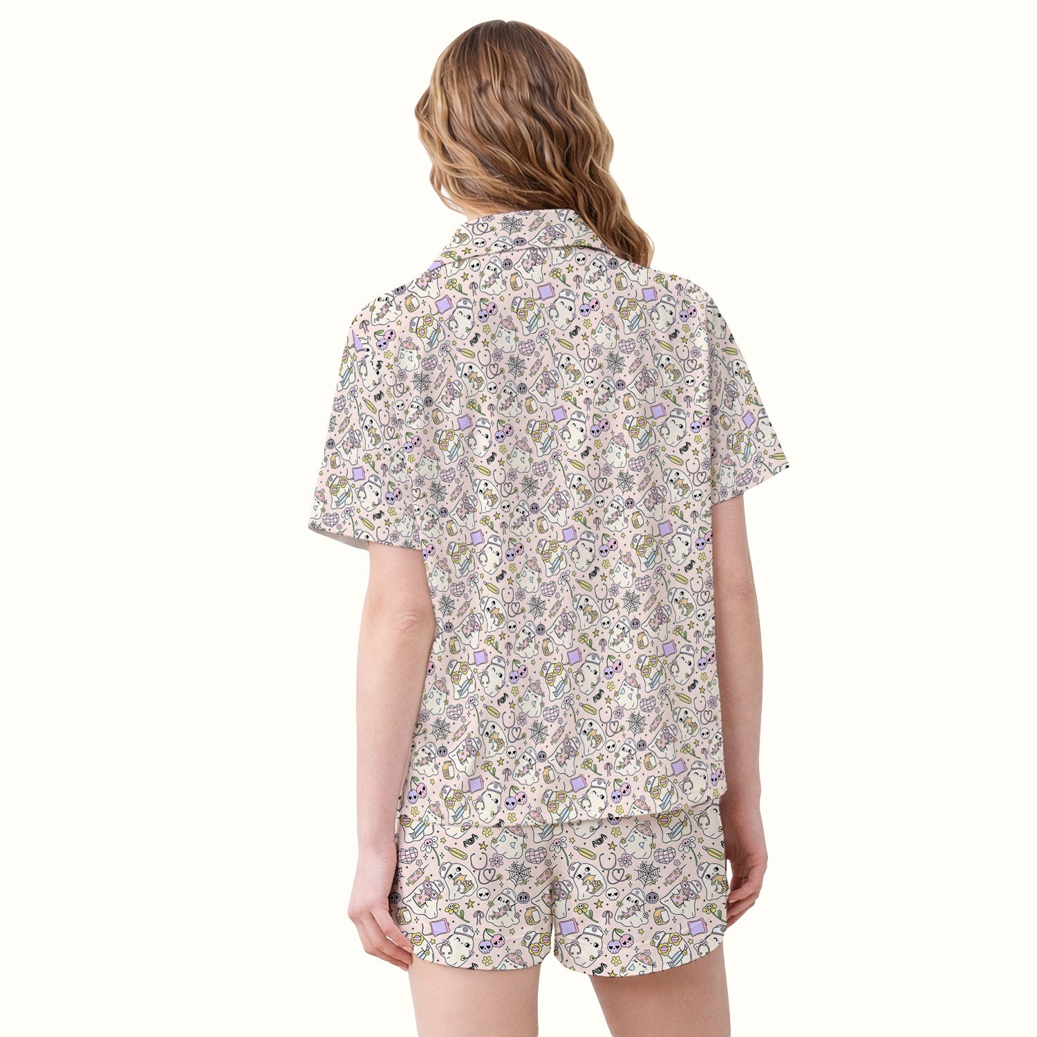 Cute Halloween Nurse Ghosts Pattern Pajama Set, Soft Breathable Fabric Comfortable Sleepwear