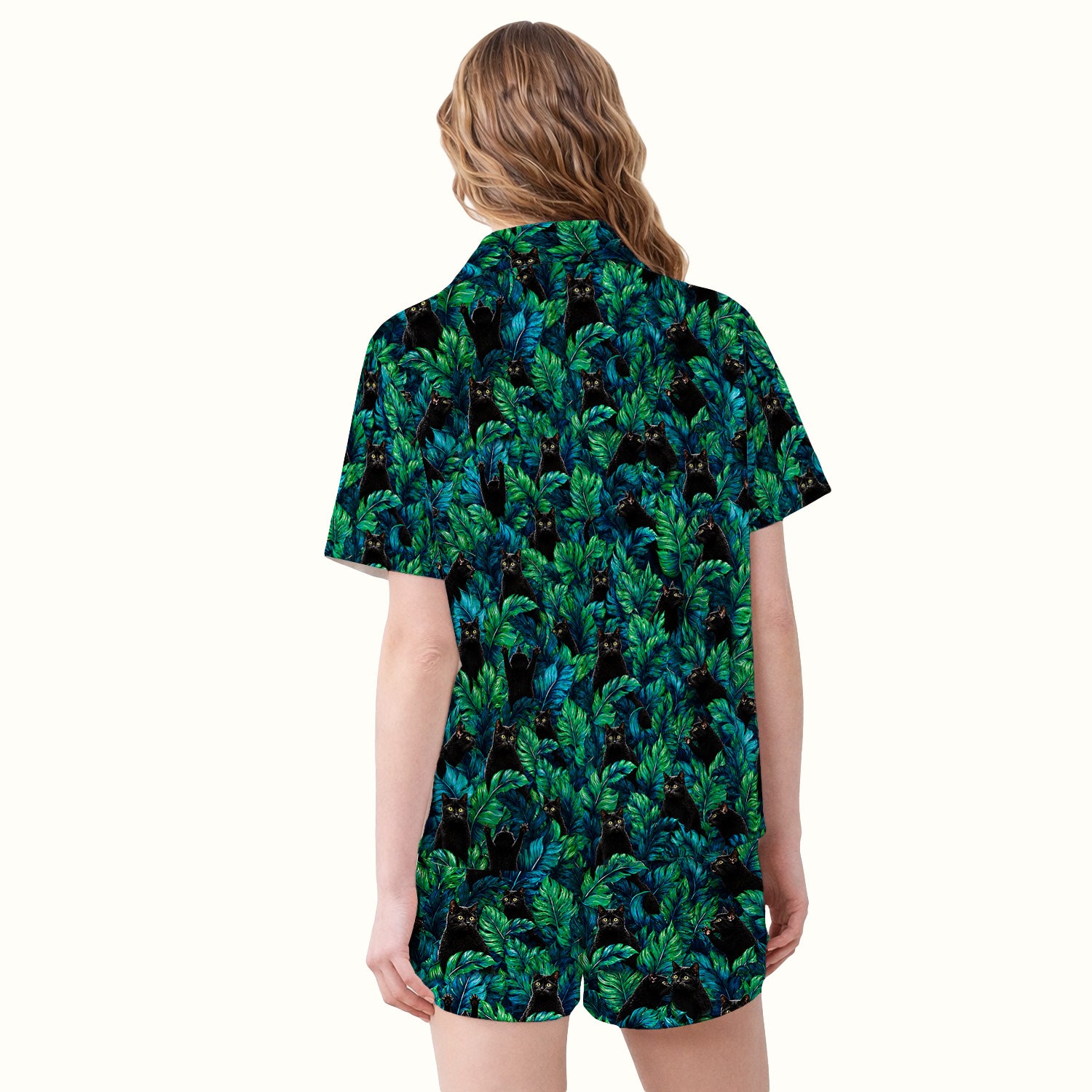 Black Cat Tropical Jungle Leaves Pattern Pajama Set, Soft Breathable Fabric Comfortable Sleepwear