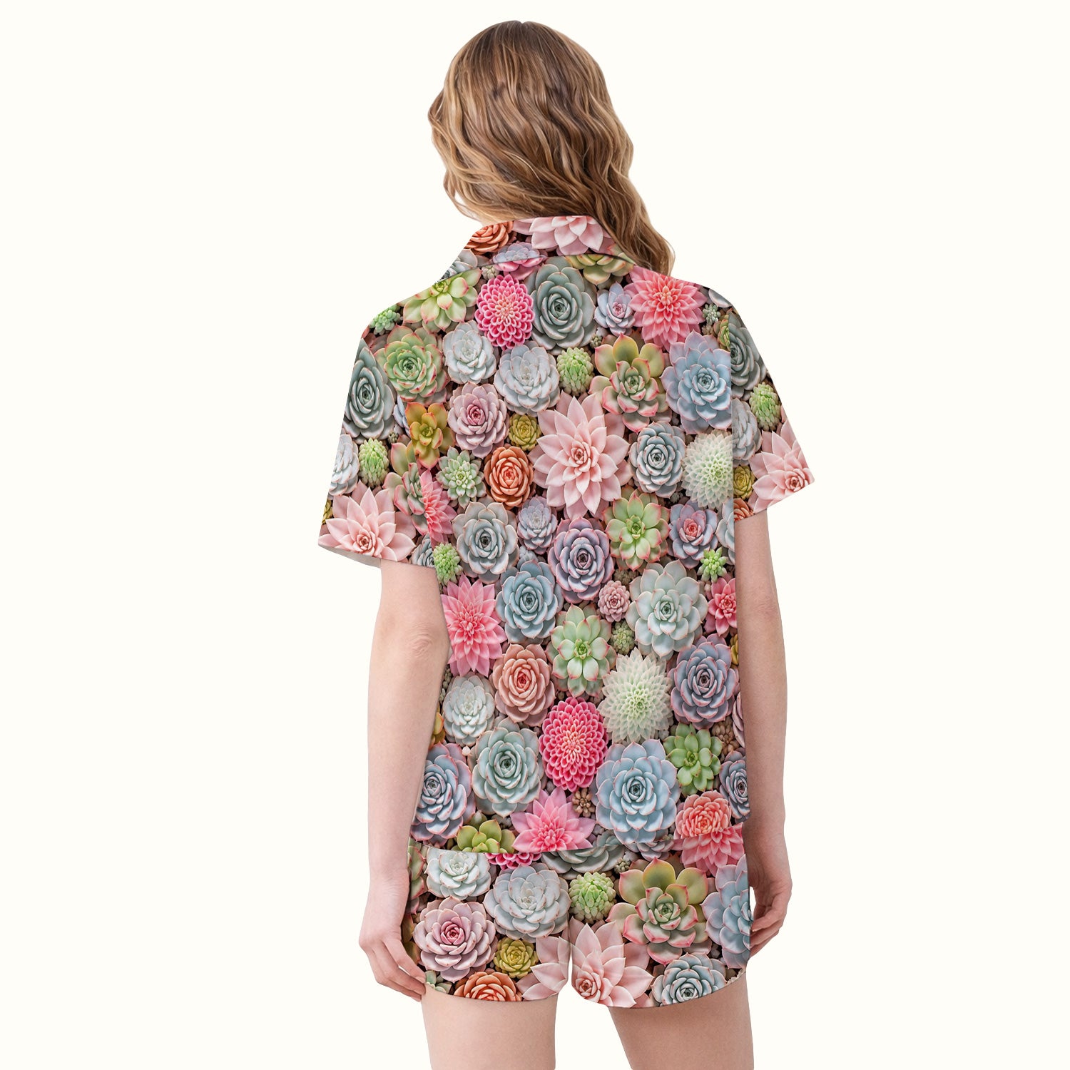 Cute Pastel Succulent Blossom Pattern Pajama Set, Soft Breathable Fabric Comfortable Sleepwear