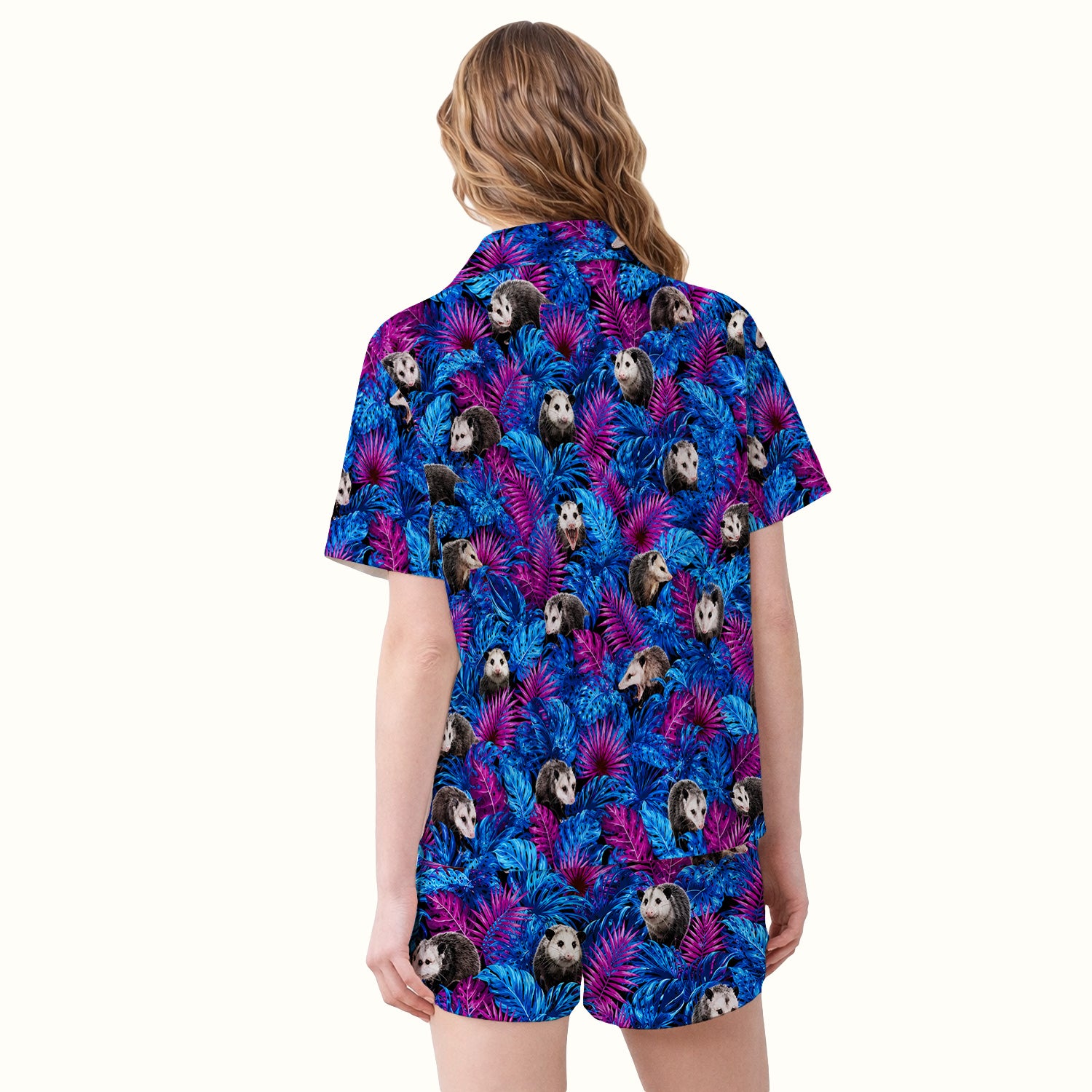 Cute Opossum Tropical Print Pajama Set, Soft Breathable Fabric Comfortable Sleepwear