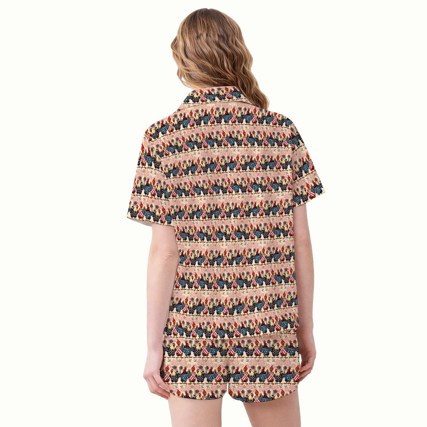 Patriotic Rooster Fireworks Pattern Pajama Set, Breathable Fabrics Uniform