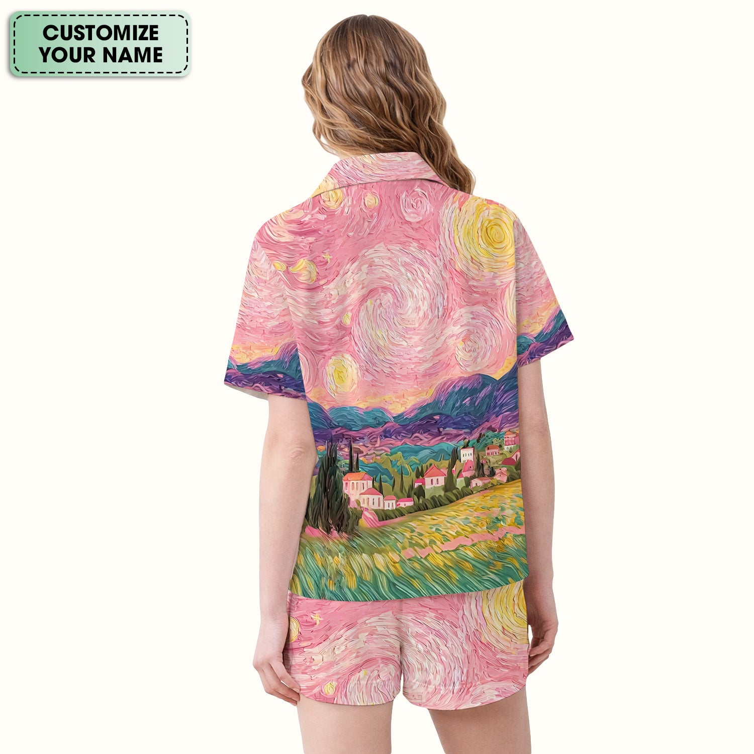 Personalized Cat Couple Sunset Swirl Sky Landscape Pattern Pajama Set, Soft Breathable Fabric Comfortable Sleepwear