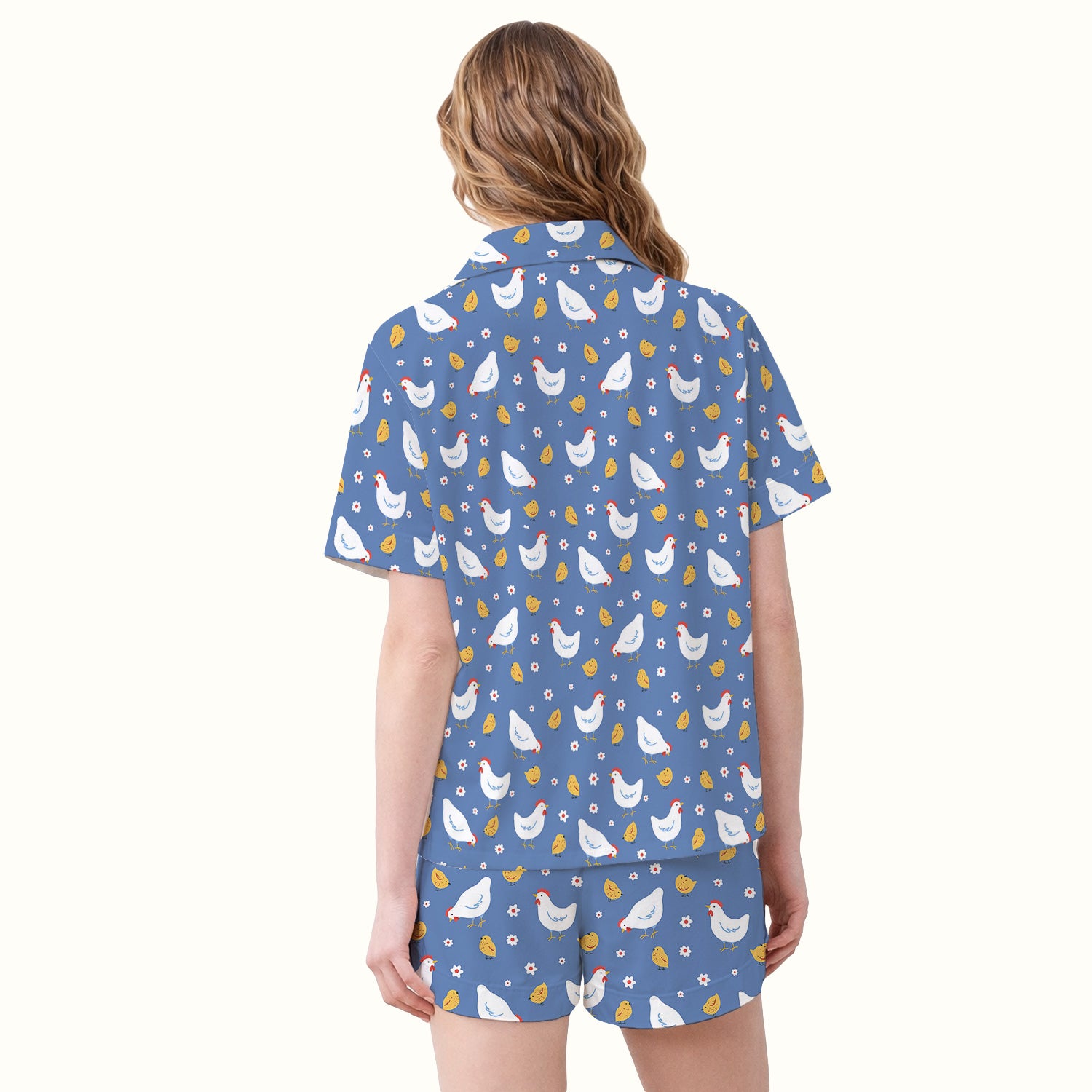 Chicken And Cute Chicks Pattern Pajama Set, Breathable Fabrics Uniform