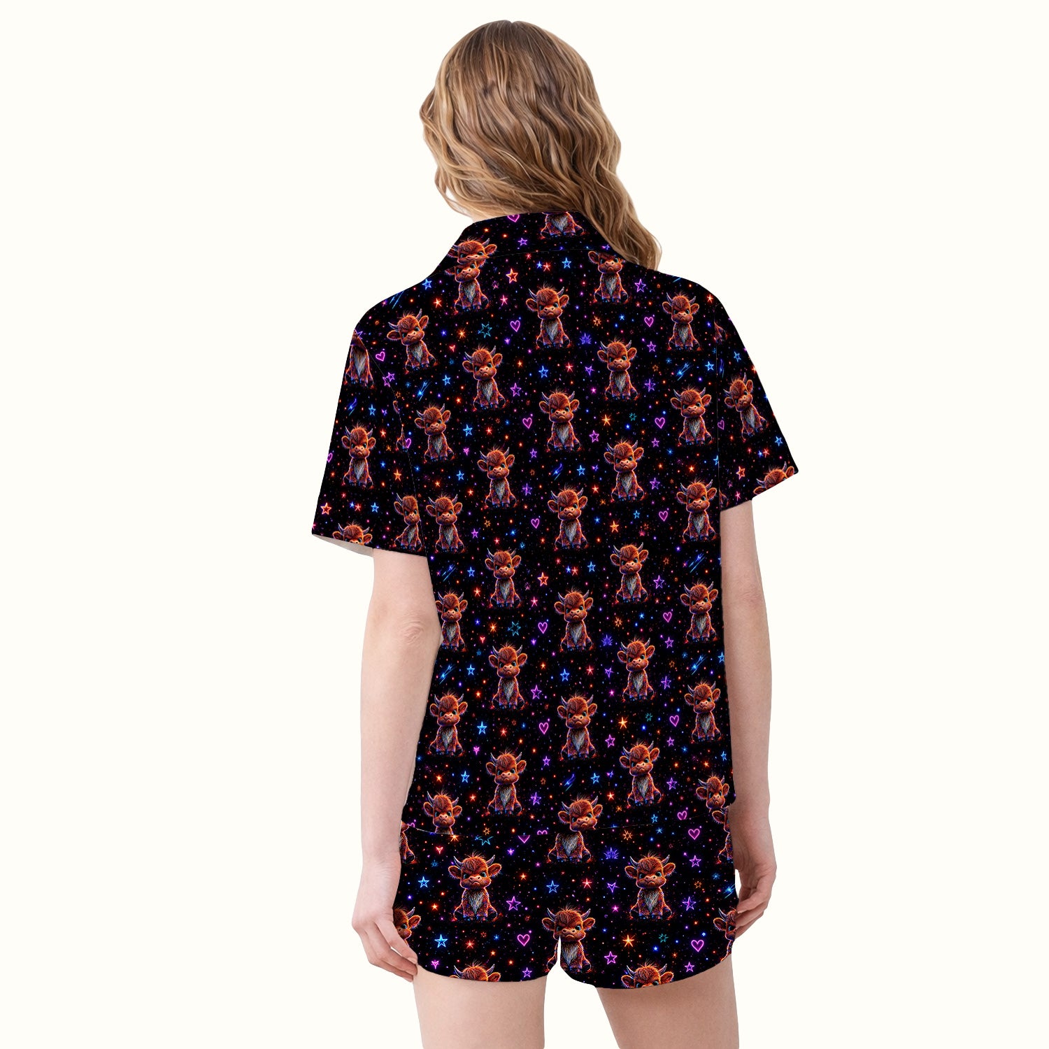 Neon Highland Cow Stars Pattern Pajama Set, Soft Breathable Fabric Comfortable Sleepwear
