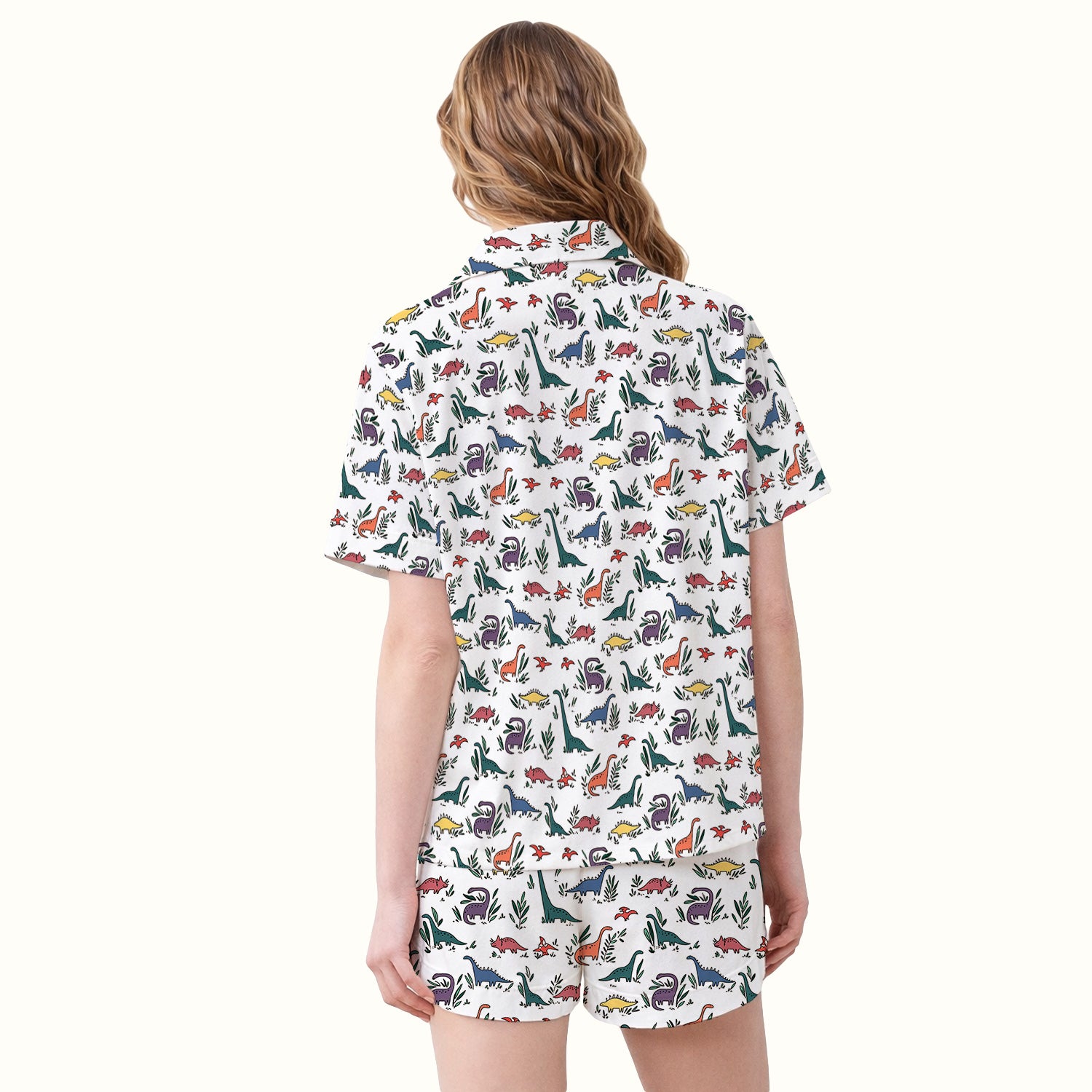 Cute Dinosaur Leafy Garden Pattern Pajama Set, Soft Breathable Fabric Comfortable Sleepwear