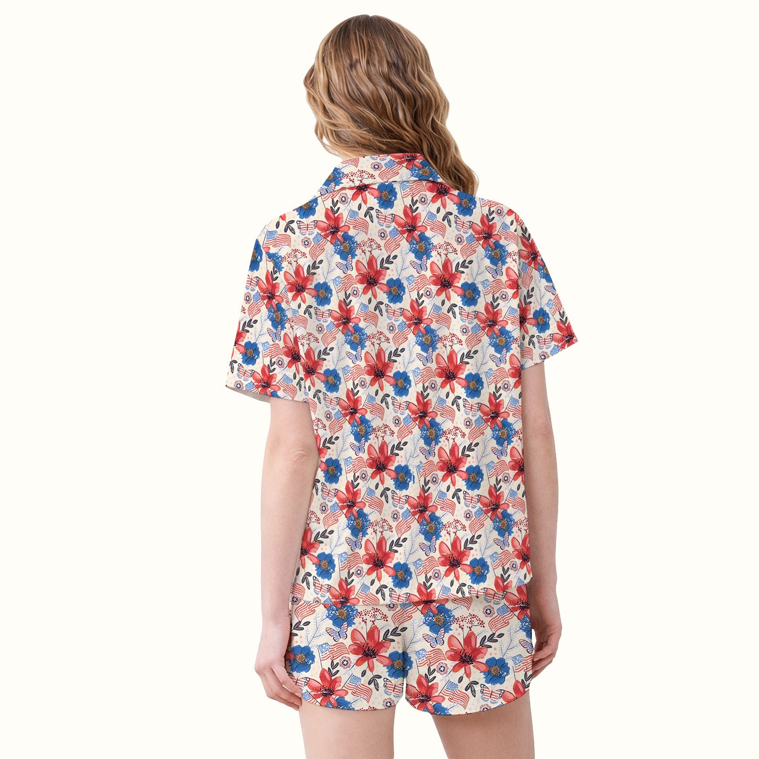 Patriotic Wildflower Flag Butterfly Pattern Pajama Set, Soft Breathable Fabric Comfortable Sleepwear