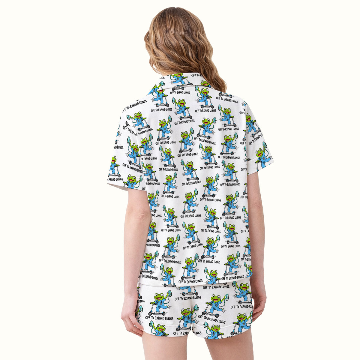 Off To Expand Lungs Frog Pattern Pajama Set, Soft Breathable Fabric Comfortable Sleepwear