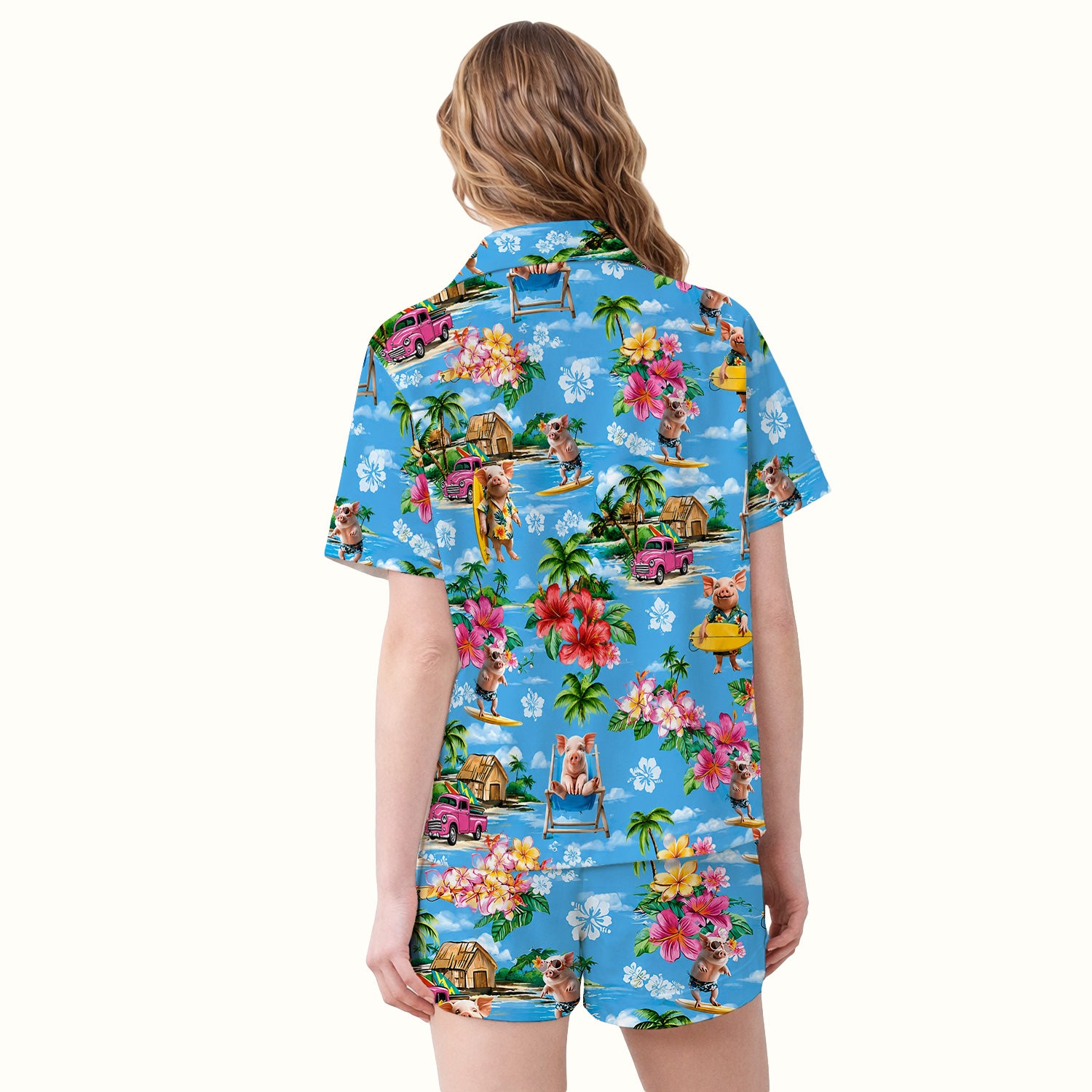Tropical Surfing Pig Beach Pattern Pajama Set, Soft Breathable Fabric Comfortable Sleepwear