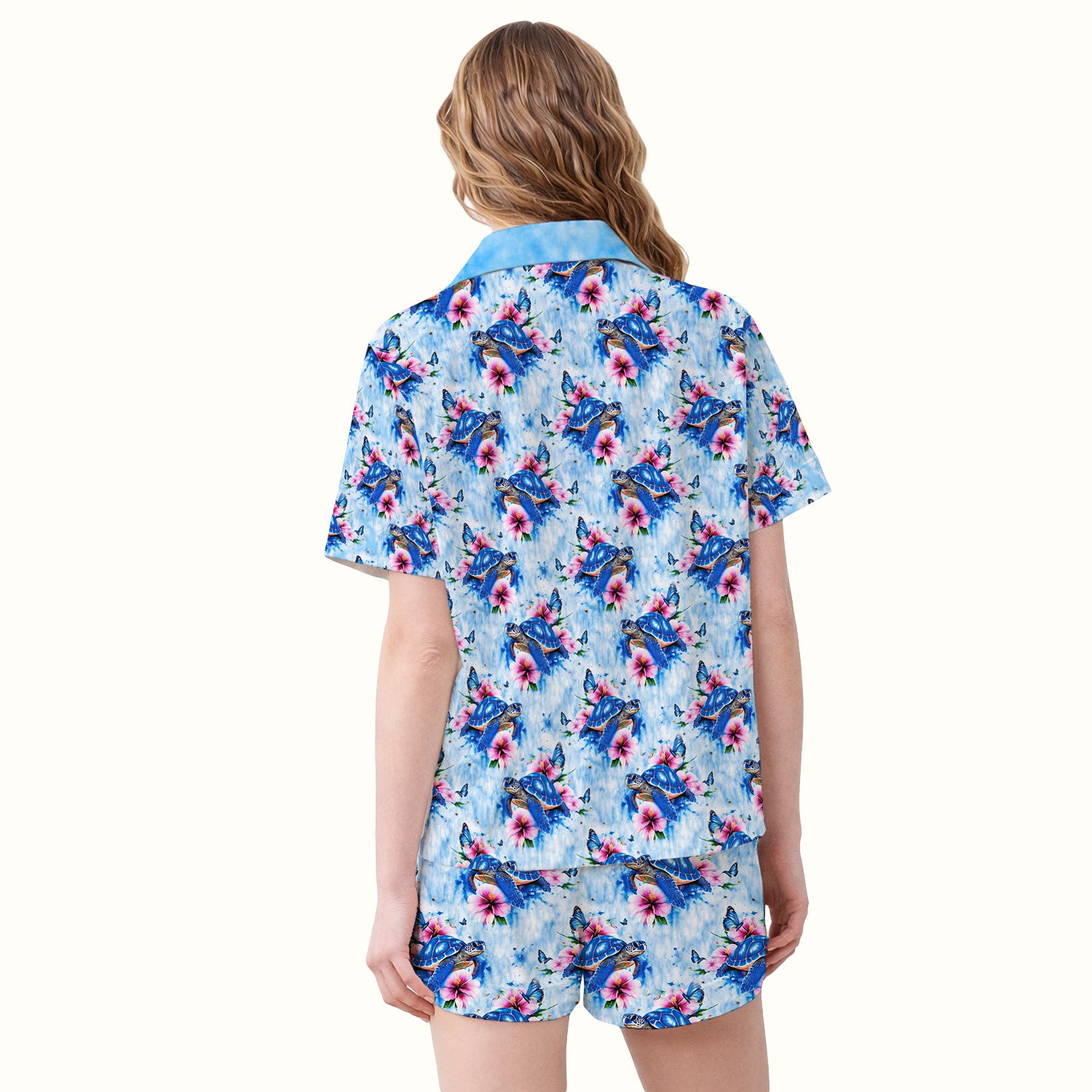 Blue Sea Turtle Hibiscus Butterfly Print Pajama Set, Soft Breathable Fabric Comfortable Sleepwear