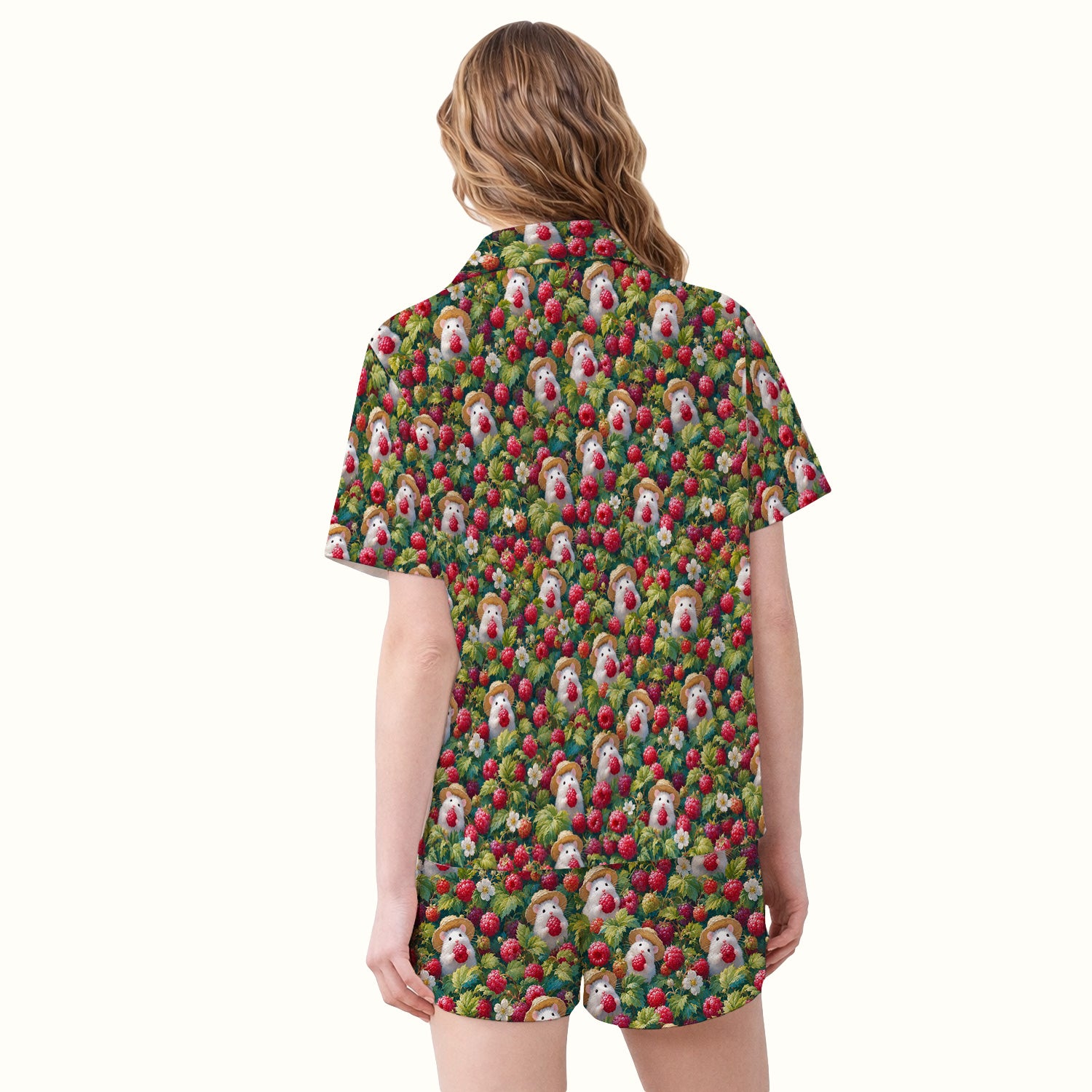 Cute Raspberry Mouse Garden Pattern Pajama Set, Soft Breathable Fabric Comfortable Sleepwear