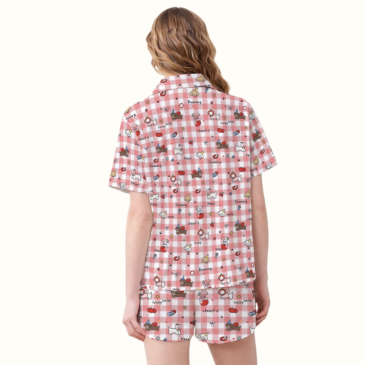Cute Nurse Cartoon Puppy Apple Gingham Pajama Set, Breathable Fabrics Uniform