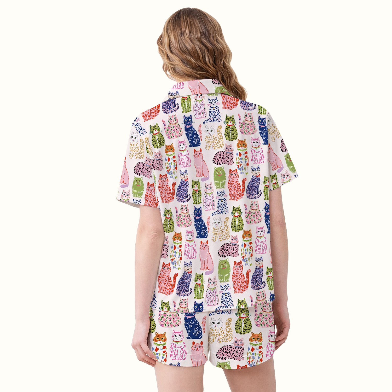 Colorful Cat with Playful Pet Pajama Set, Soft Breathable Fabric Comfortable Sleepwear
