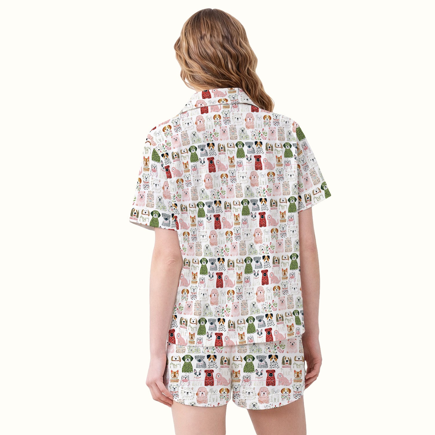 Cute Cartoon Dog Breeds Pattern Pajama Set, Breathable Fabrics Uniform