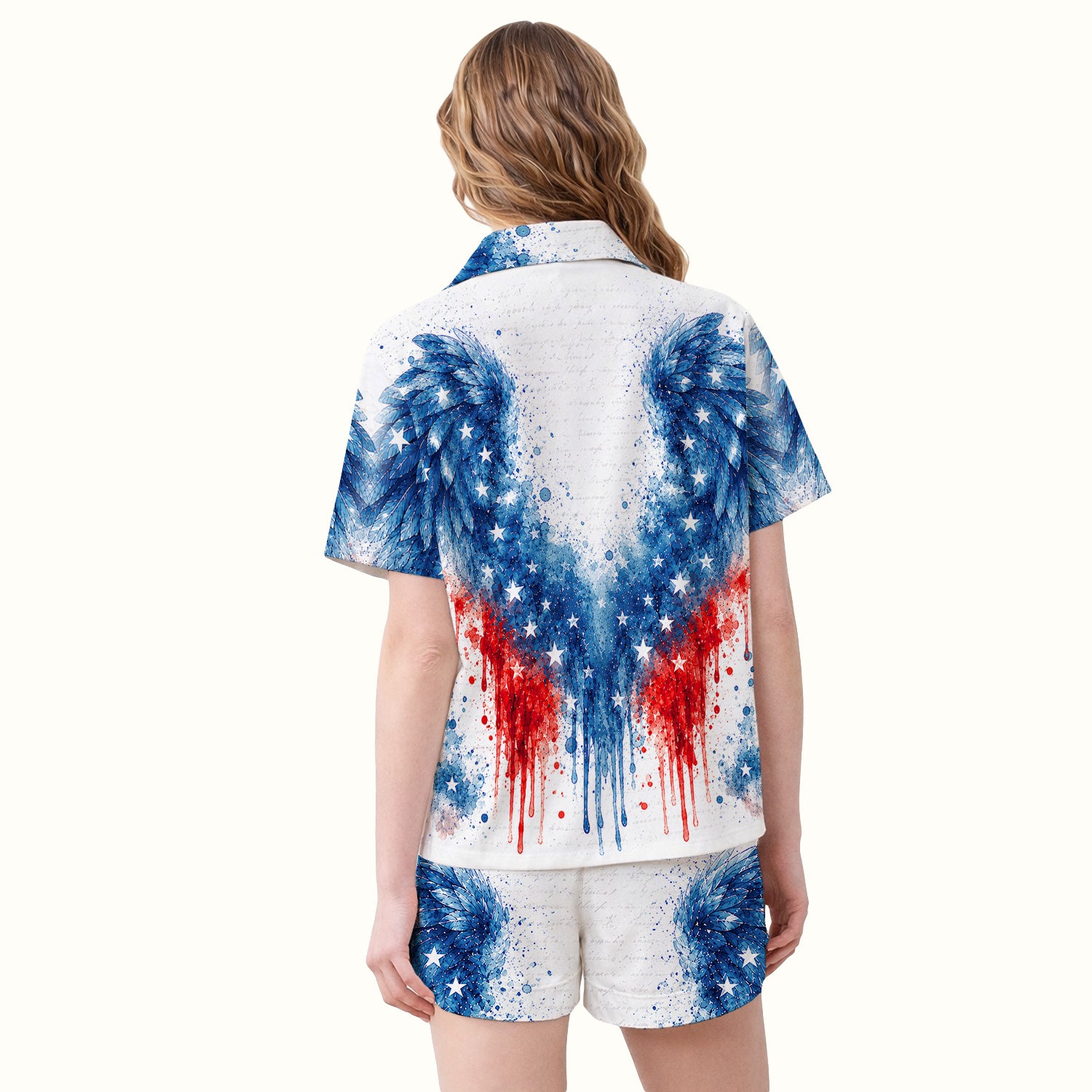 Patriotic Nurse Angel Wings Print Pajama Set, Soft Breathable Fabric Comfortable Sleepwear