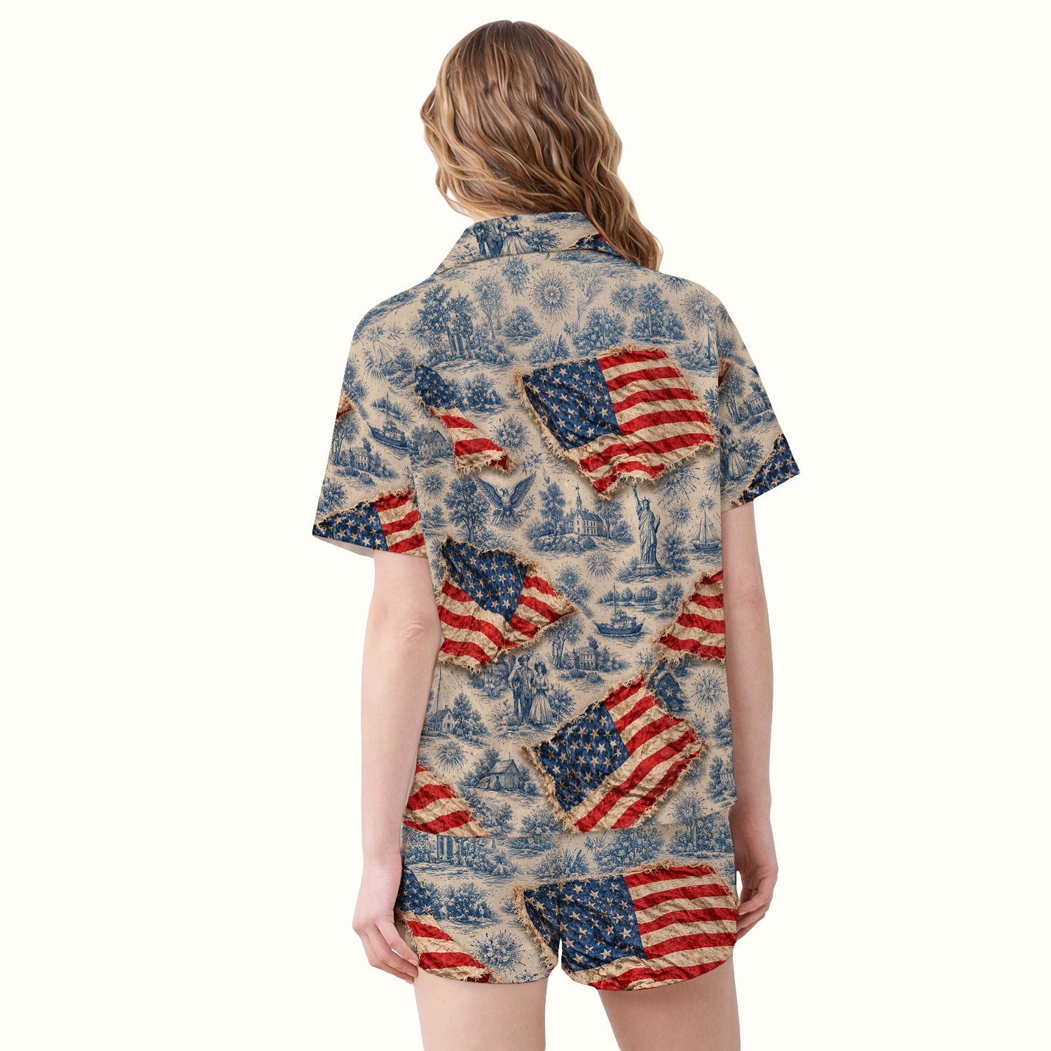 Vintage American Flag Toile Pattern Pajama Set, Soft Breathable Fabric Comfortable Sleepwear